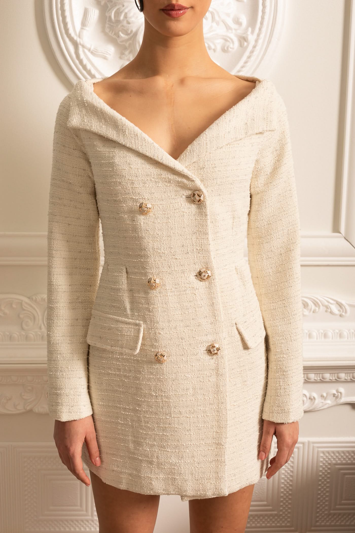 Double-Breasted Textured Dress With Decorative Gold Buttons - Beige