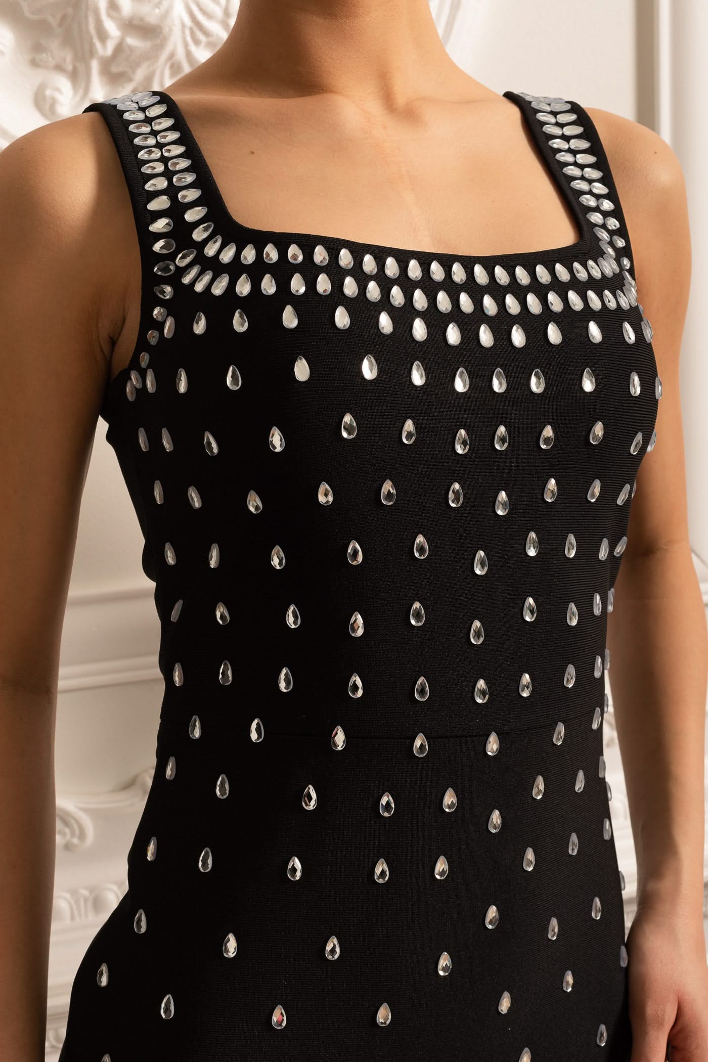 Fitted Dress With Delicate Crystal Embellishments - Black