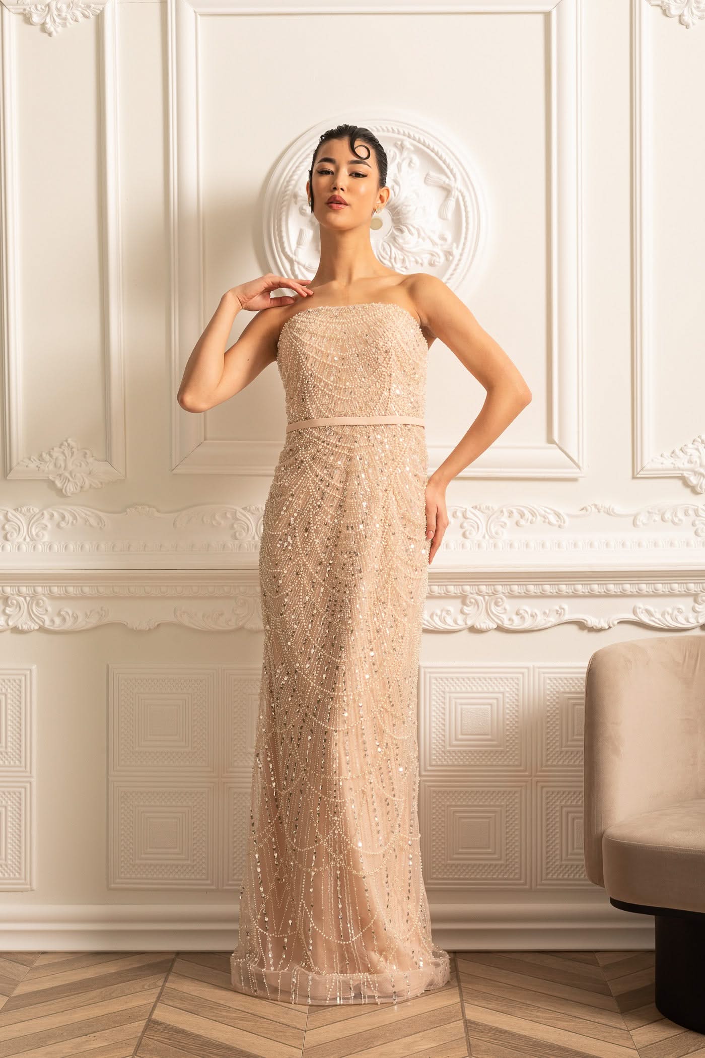 Glamourous Beaded Gown With Detachable Veil - Beige