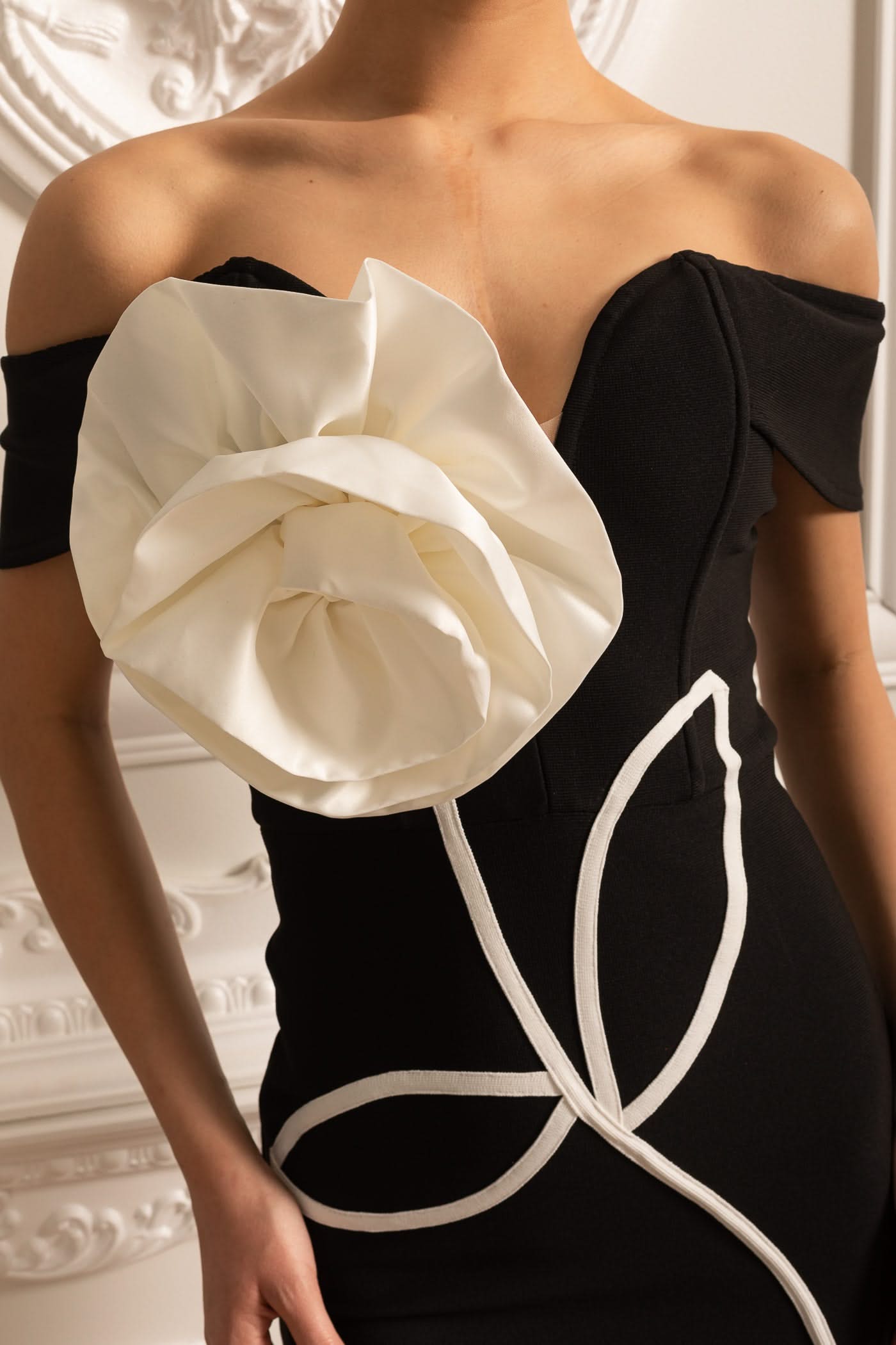 Off Shoulder Mini Dress With Large White Flower Applique - Black