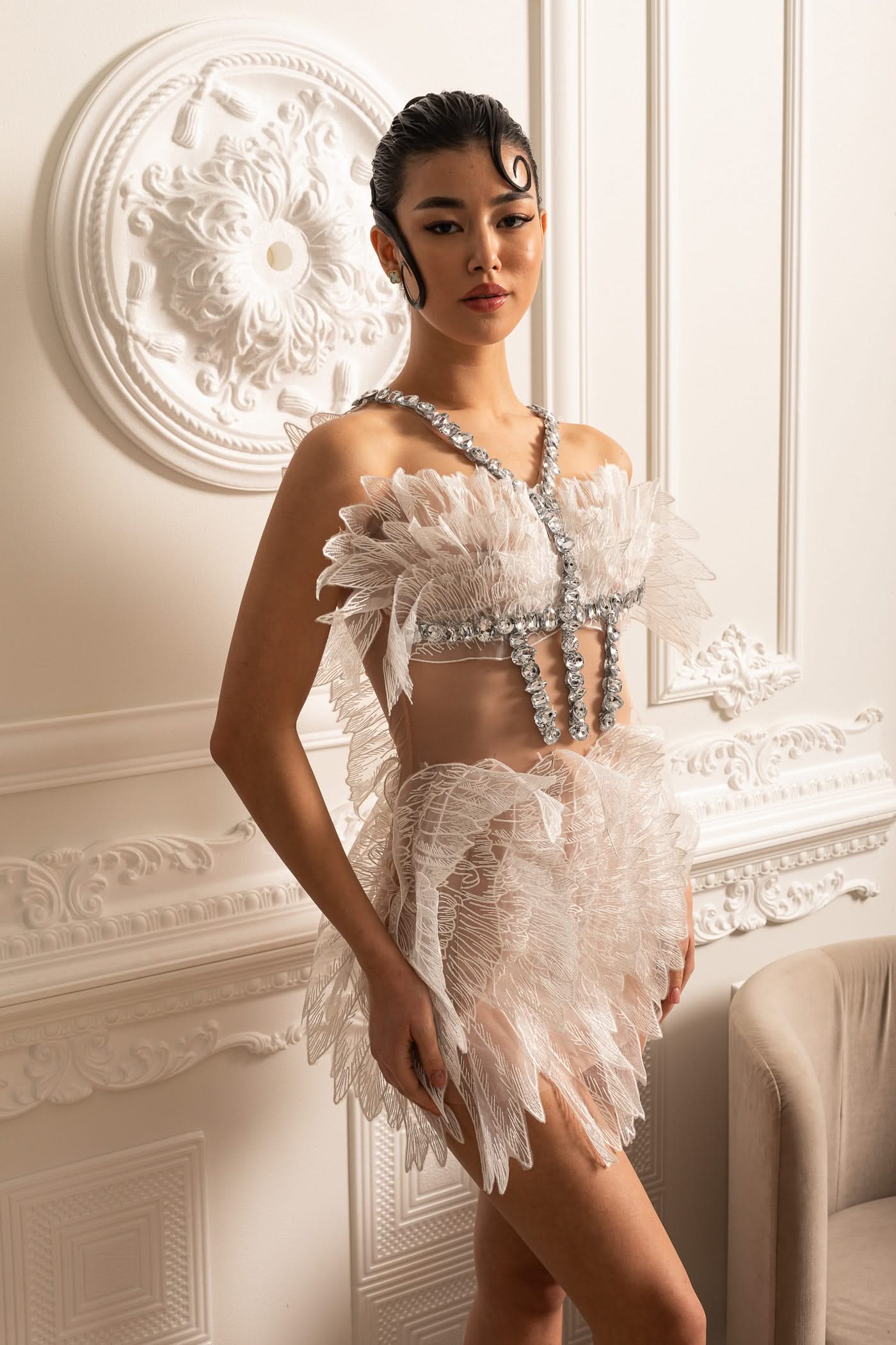 Ethereal Mini Dress With Sheer Wings Texture And Crystal Embellishments - White
