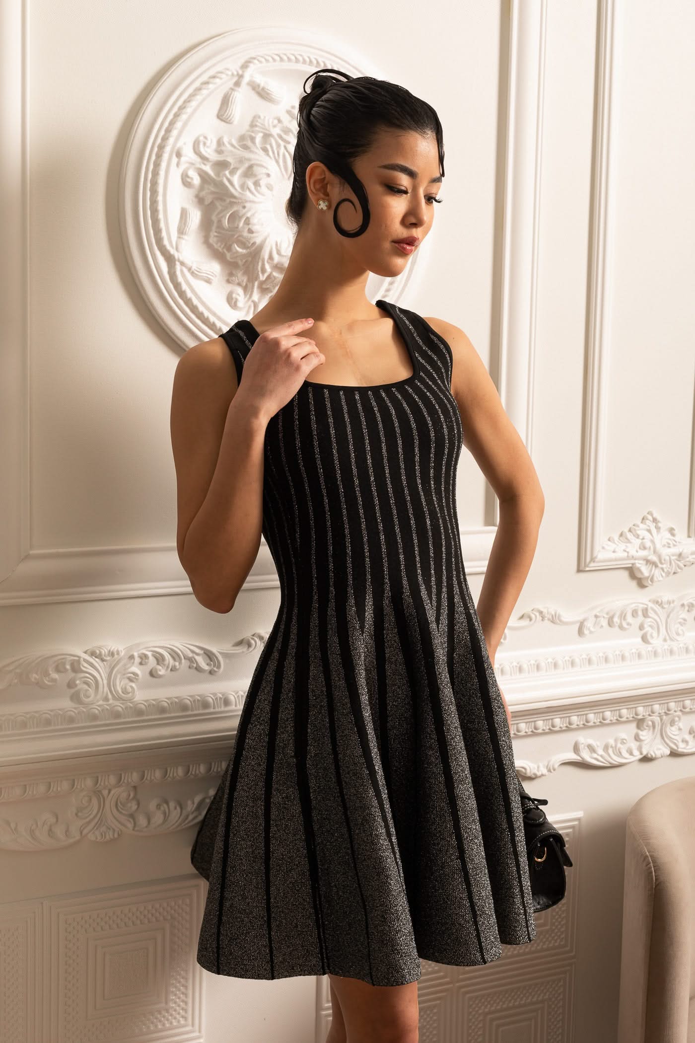 Elegant Mini Dress With Shimmering Silver Vertical Stripes - Black