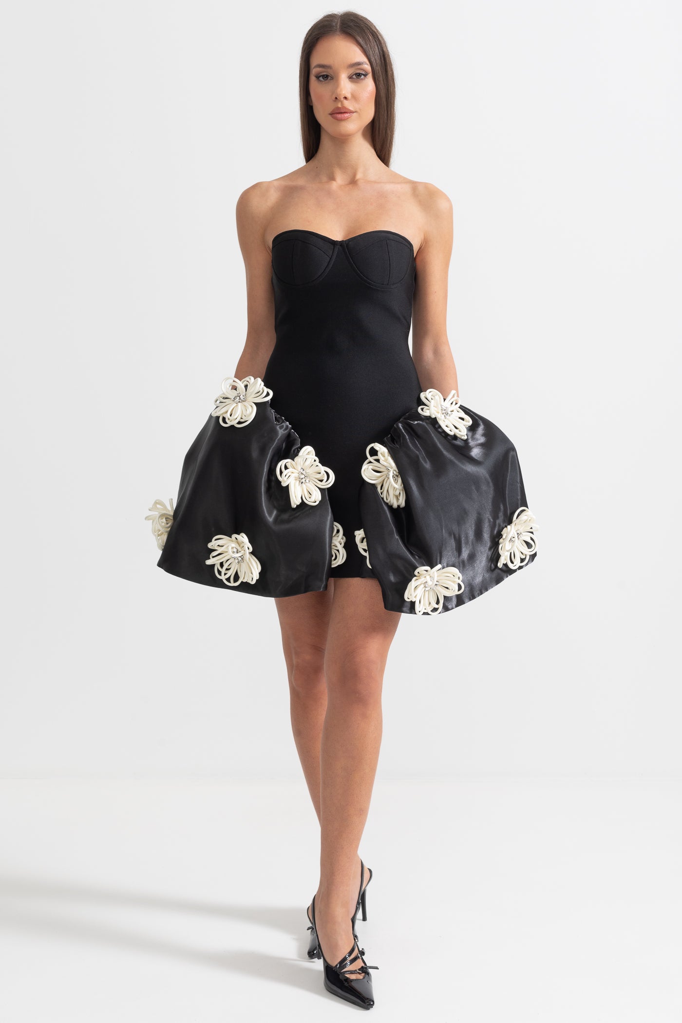 Elegant Mini Dress With 3D Silver Flower Embellishments - Black
