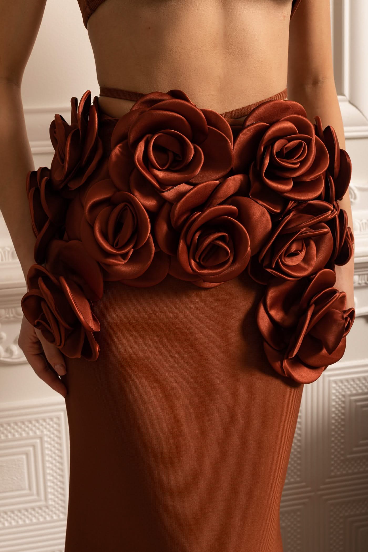 Elegant Satin Co-Ord Set With 3D Floral Embellishments - Brown
