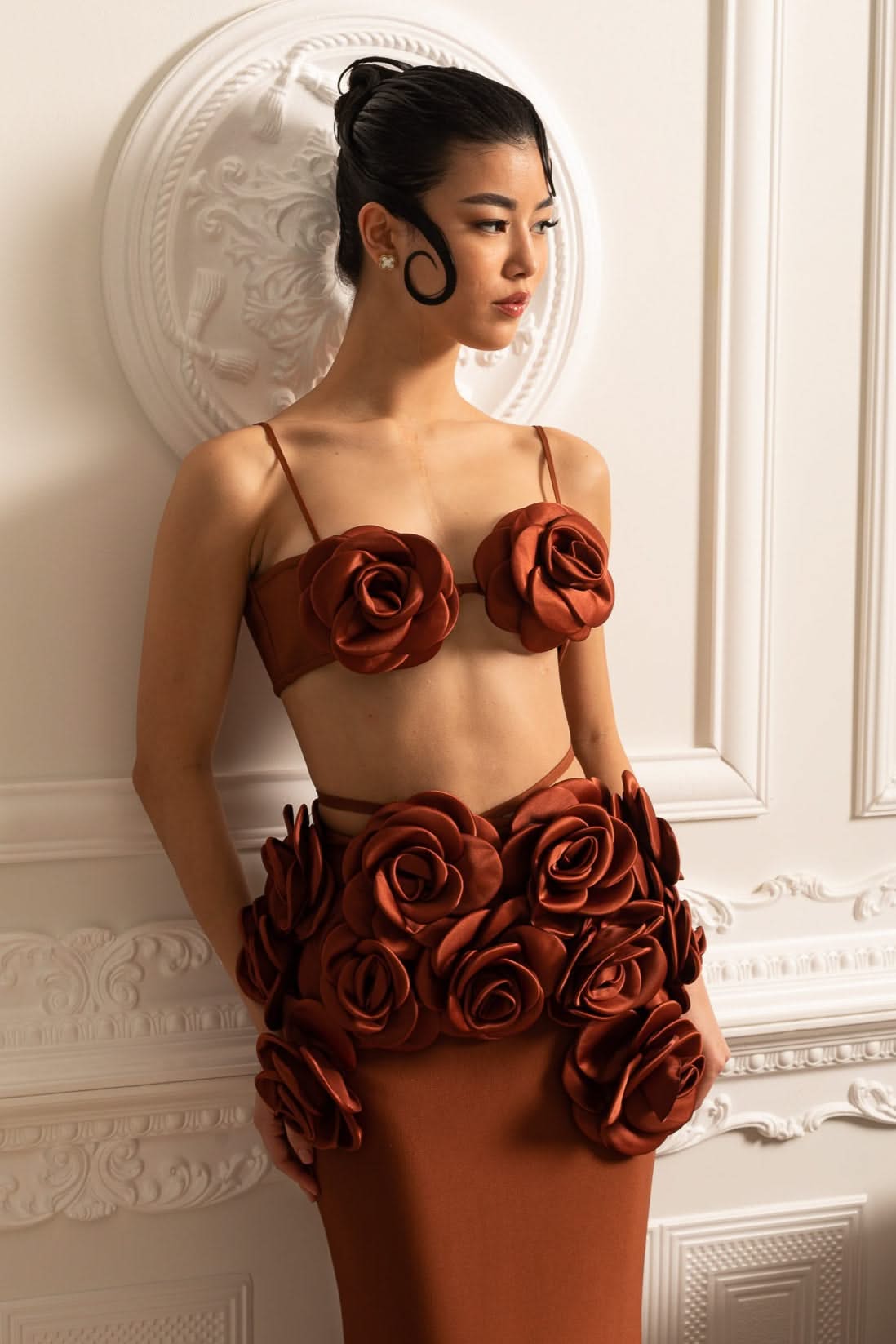 Elegant Satin Co-Ord Set With 3D Floral Embellishments - Brown