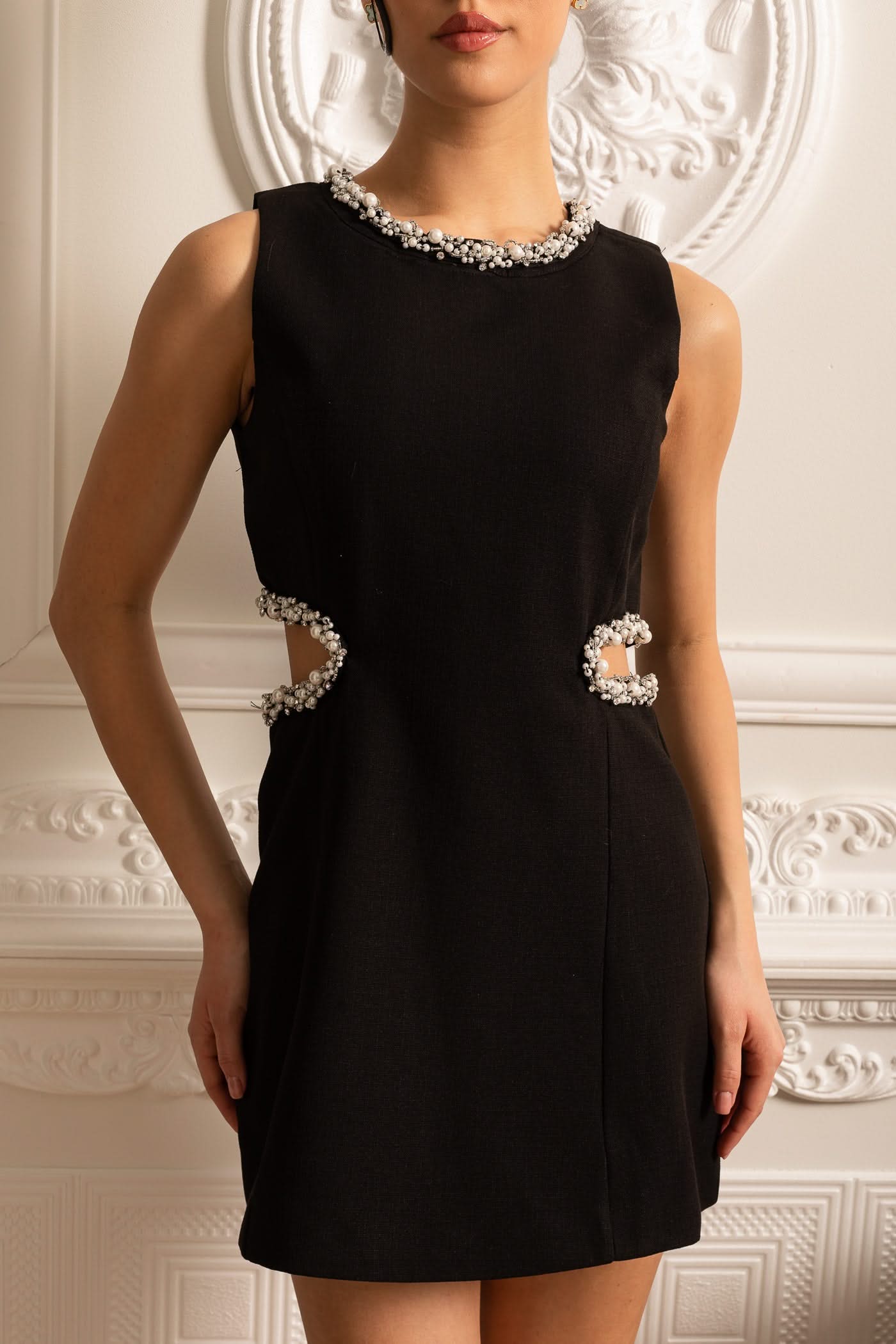 Elegant Mini Dress With Side Cutouts And Pearl Detailing - Black