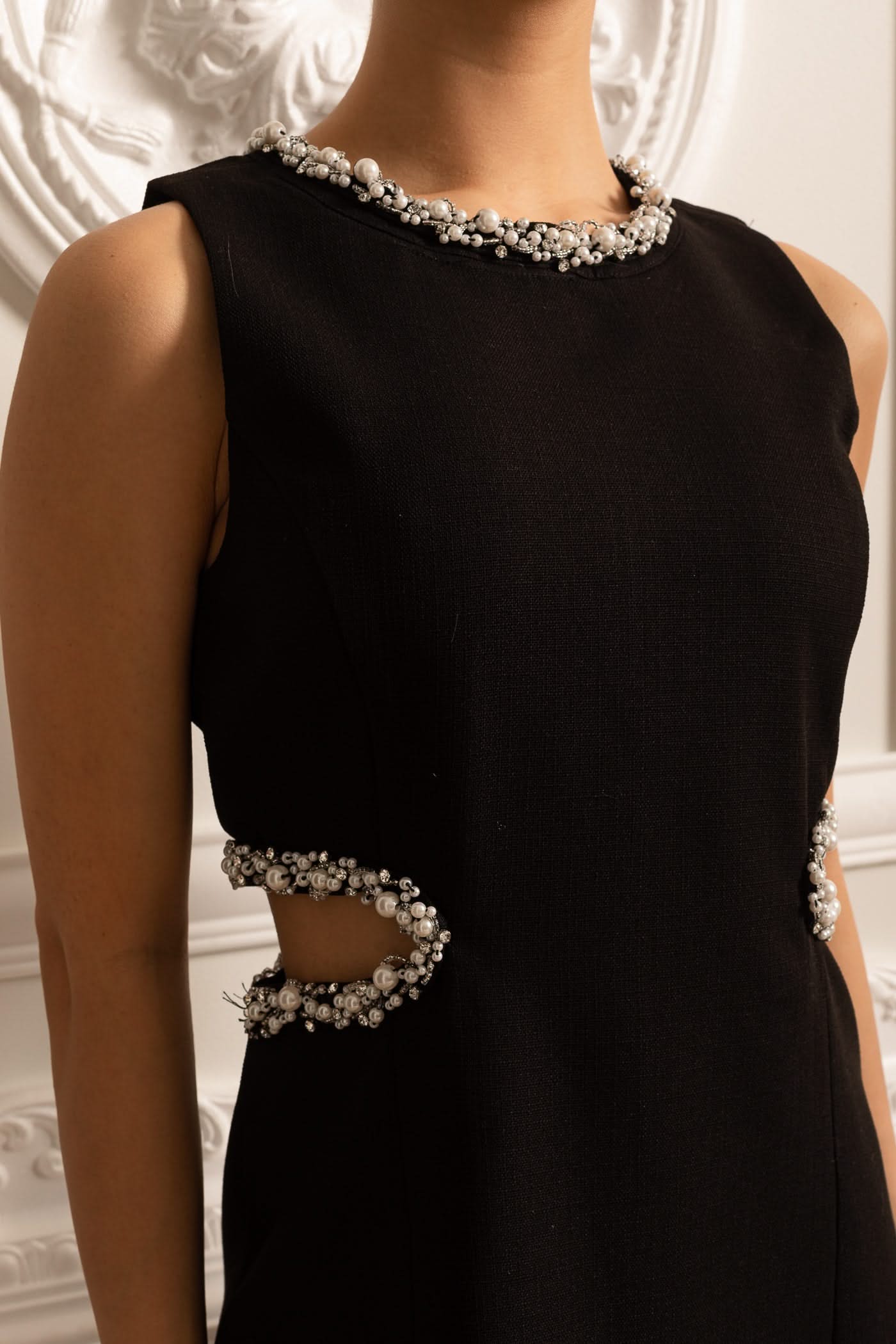 Elegant Mini Dress With Side Cutouts And Pearl Detailing - Black