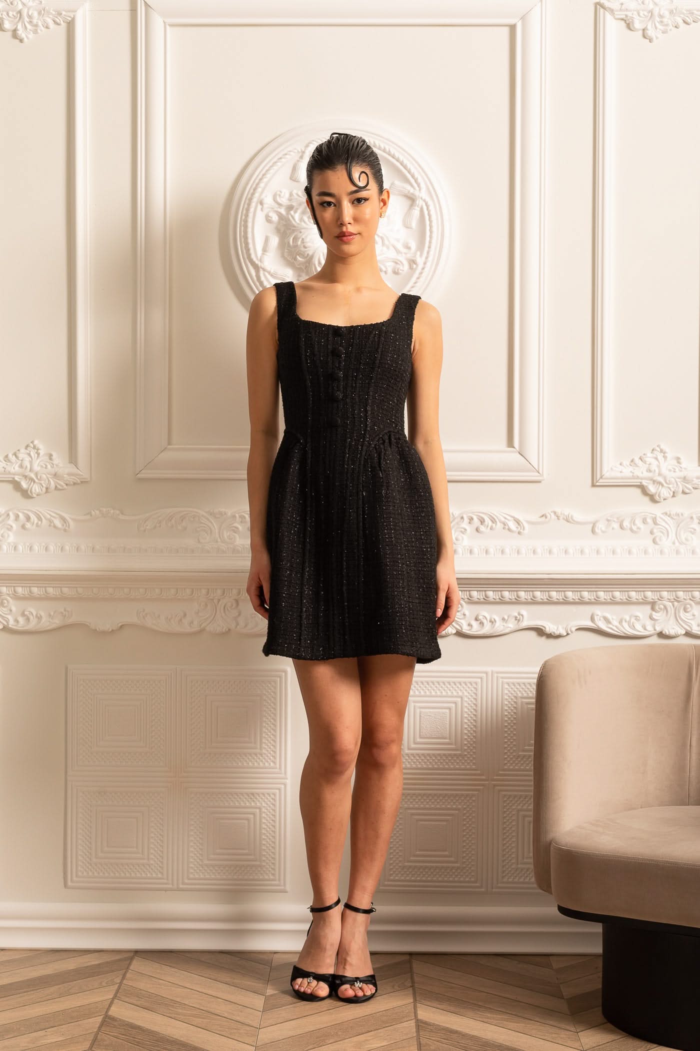 Textured Sleeveless Mini Dress With Fitted Bodice - Black