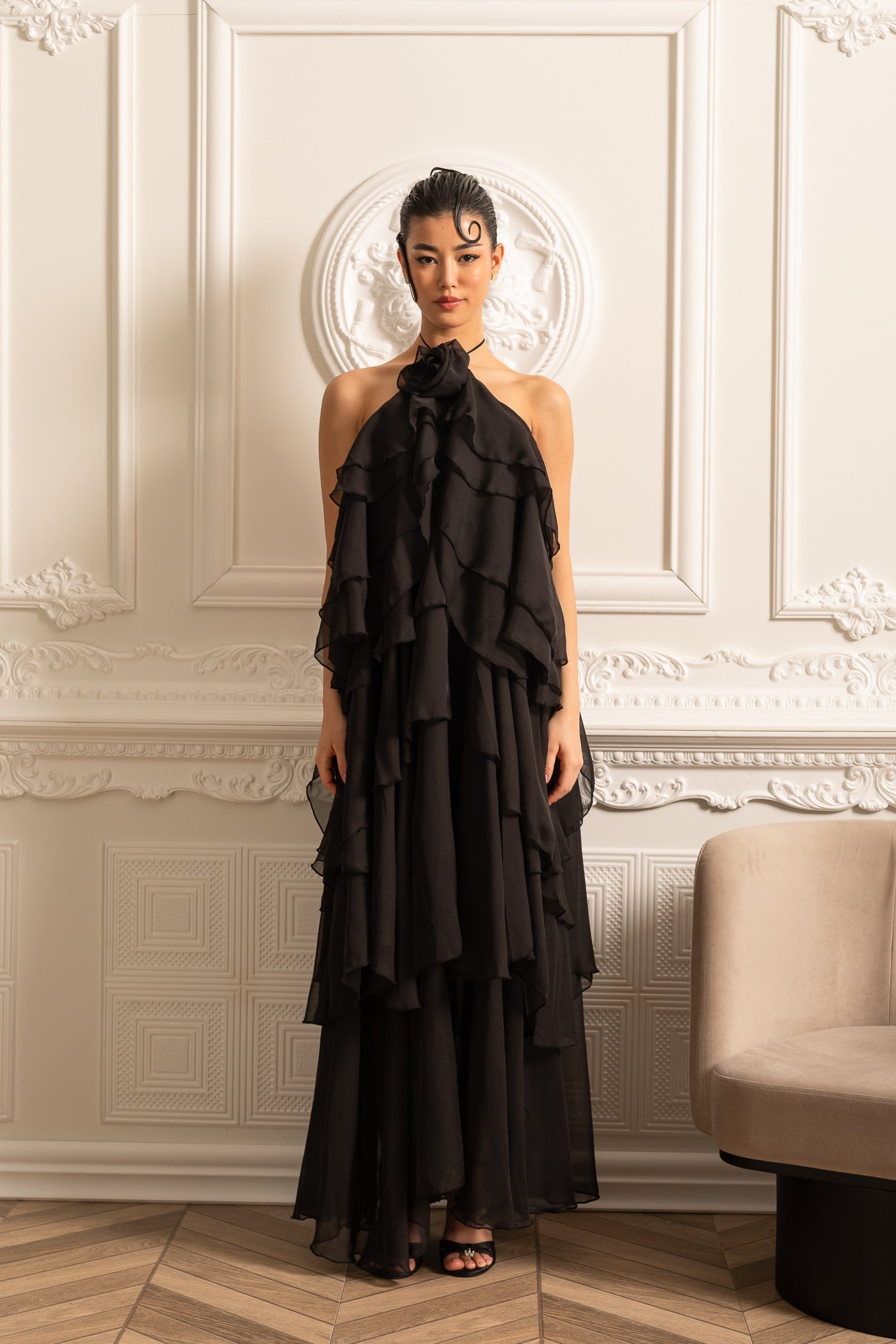 Layered Ruffle Halter Dress With Decorative Neckline Flower - Black
