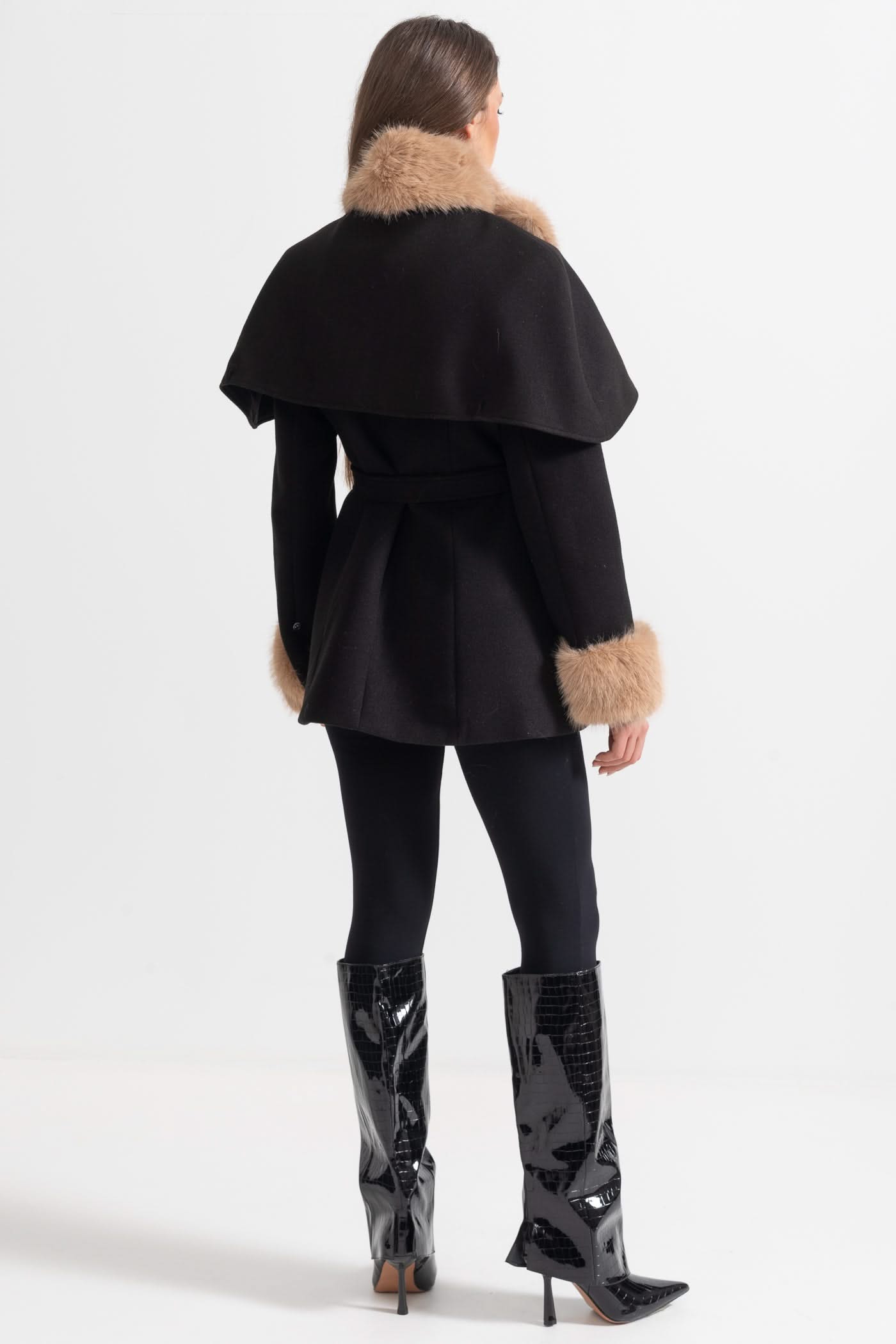 Double-Breasted Coat With Detachable Cape - Black