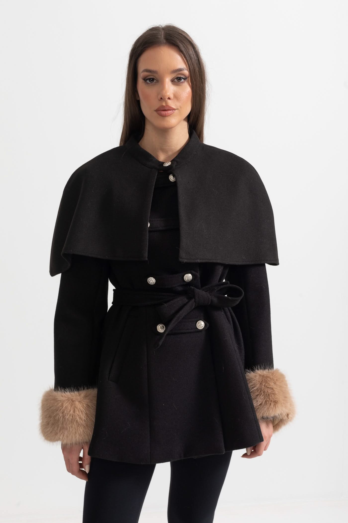 Double-Breasted Coat With Detachable Cape - Black