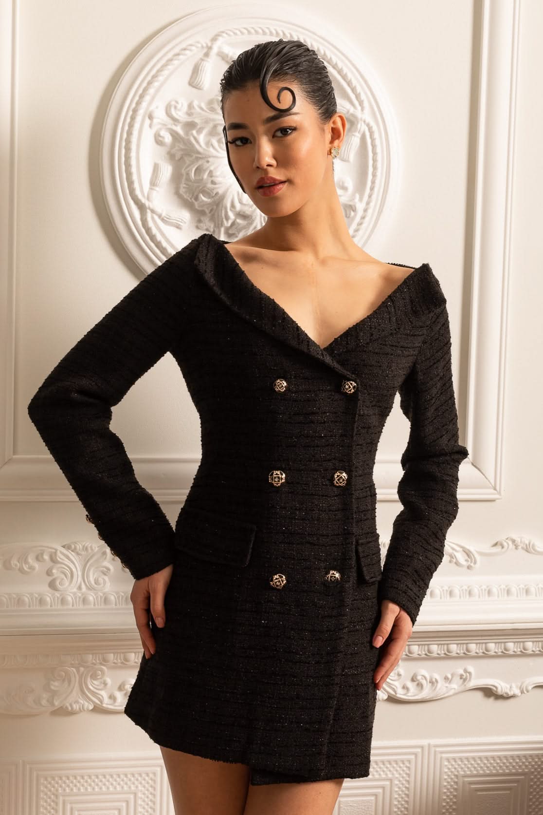 Double-Breasted Textured Dress With Decorative Gold Buttons - Black