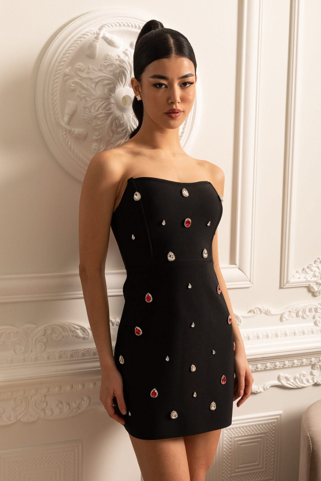 Fitted Mini Dress With Red And White Jeweled Embellishments - Black
