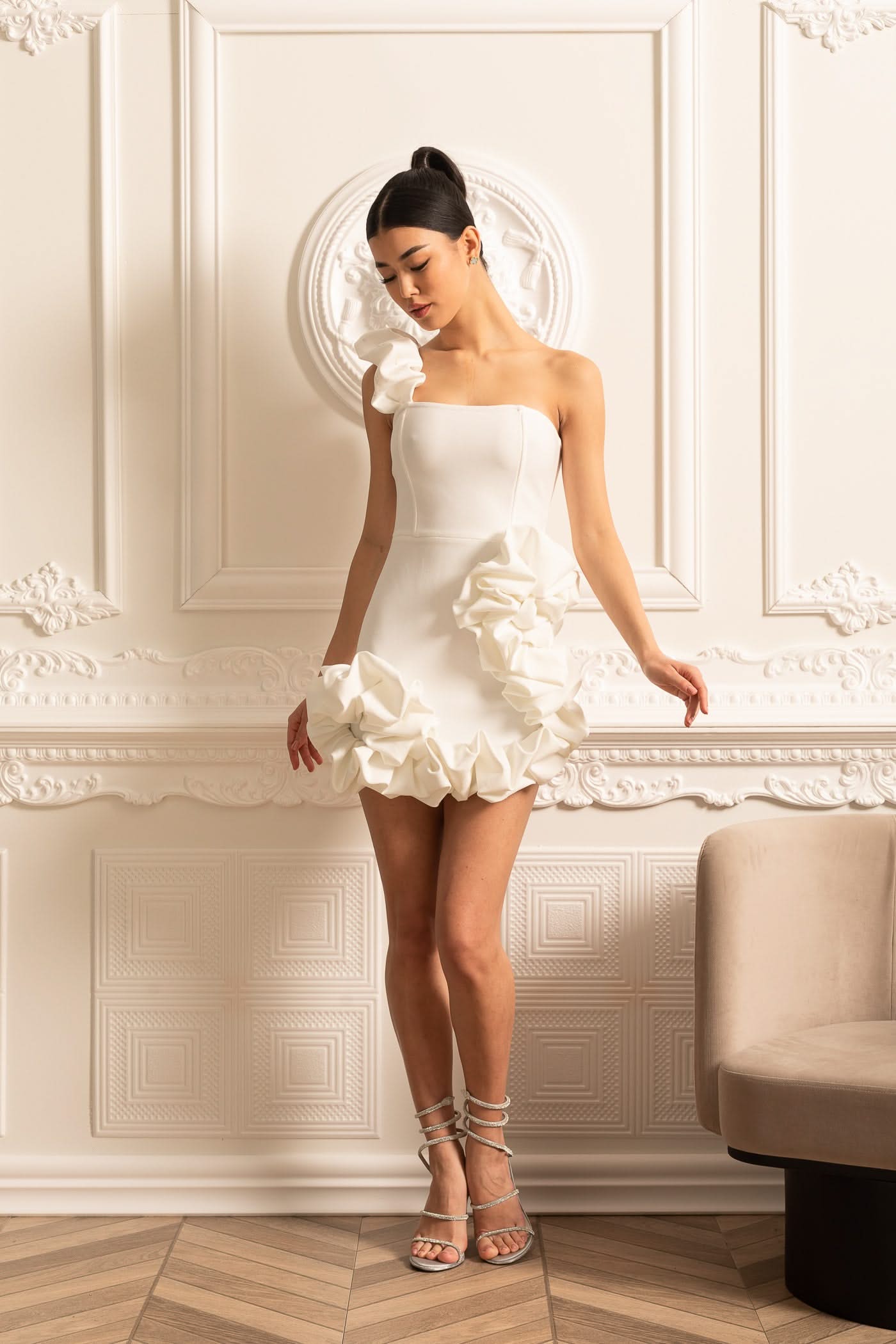 Floral Mini Dress With Ruffled Hem And Shoulder Strap - White