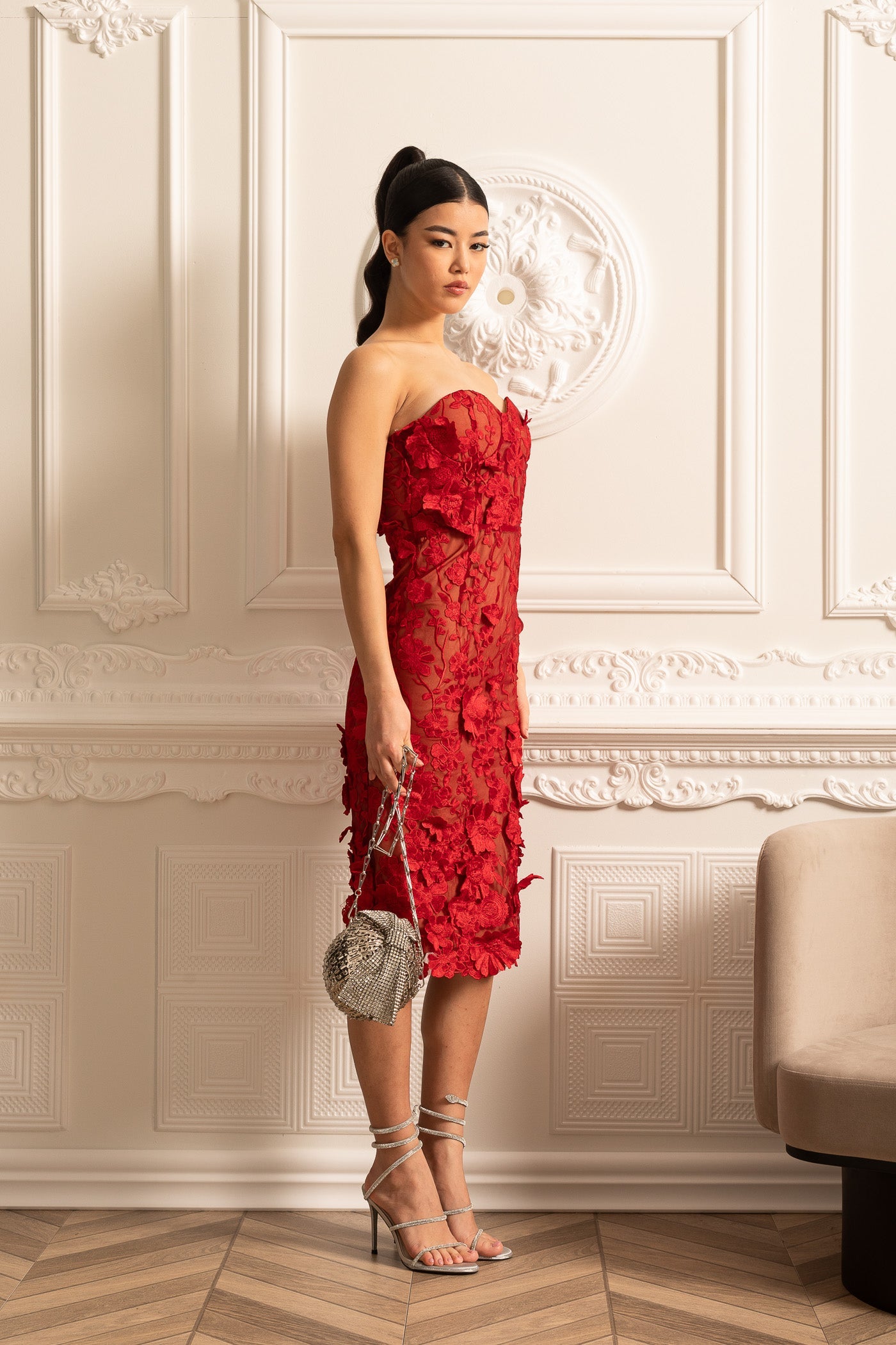 Sheer Embroidered Dress With Intricate Floral Pattern - Red