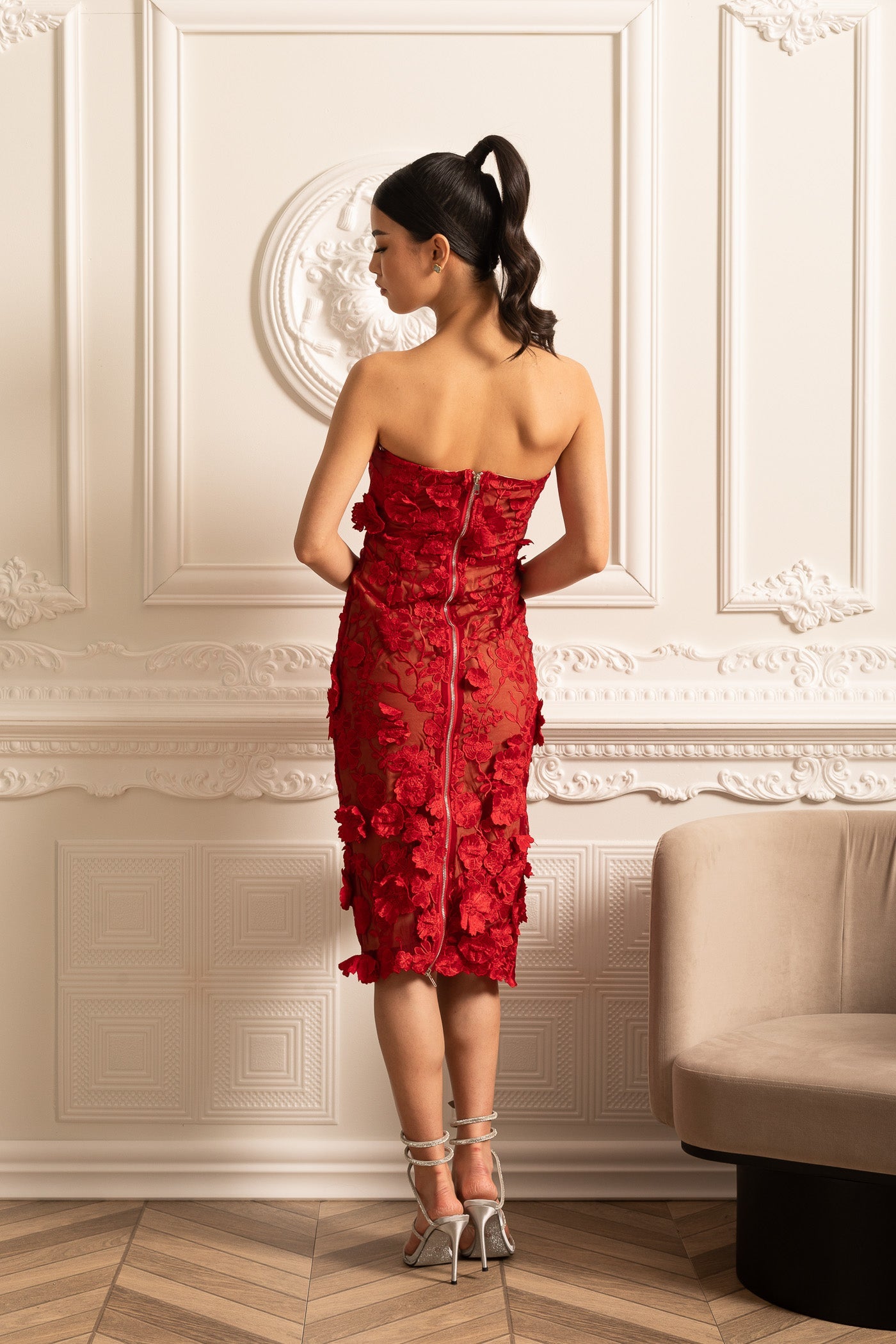 Sheer Embroidered Dress With Intricate Floral Pattern - Red