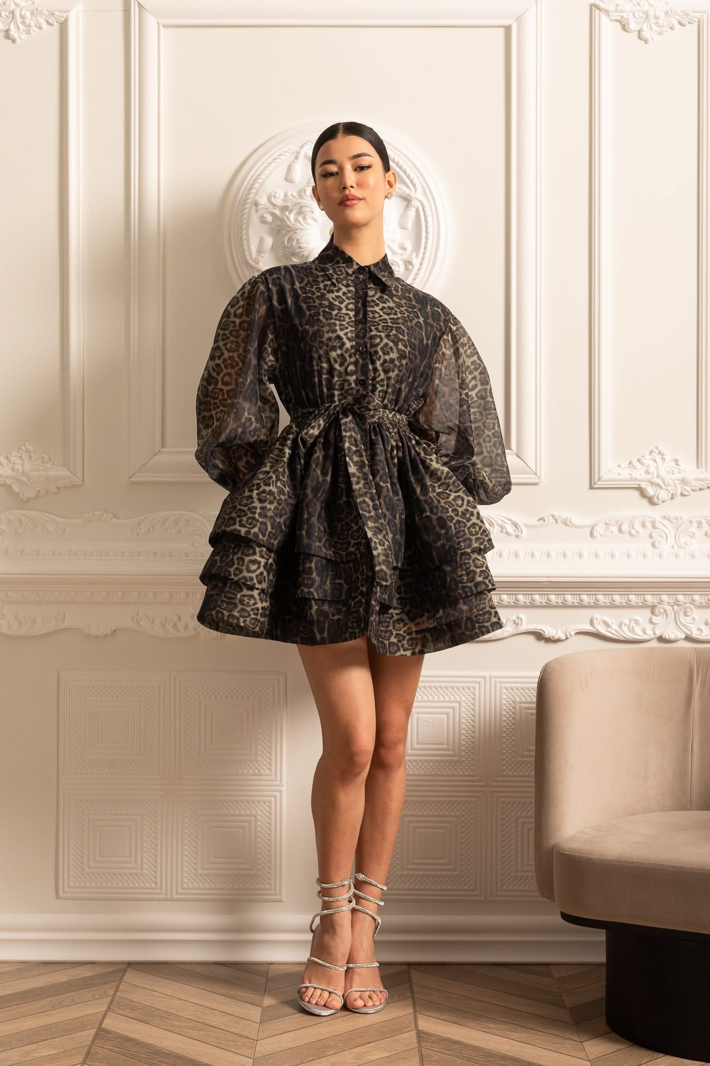 Leopard Pattern Long Sleeved Dress With Layered Skirt - Black
