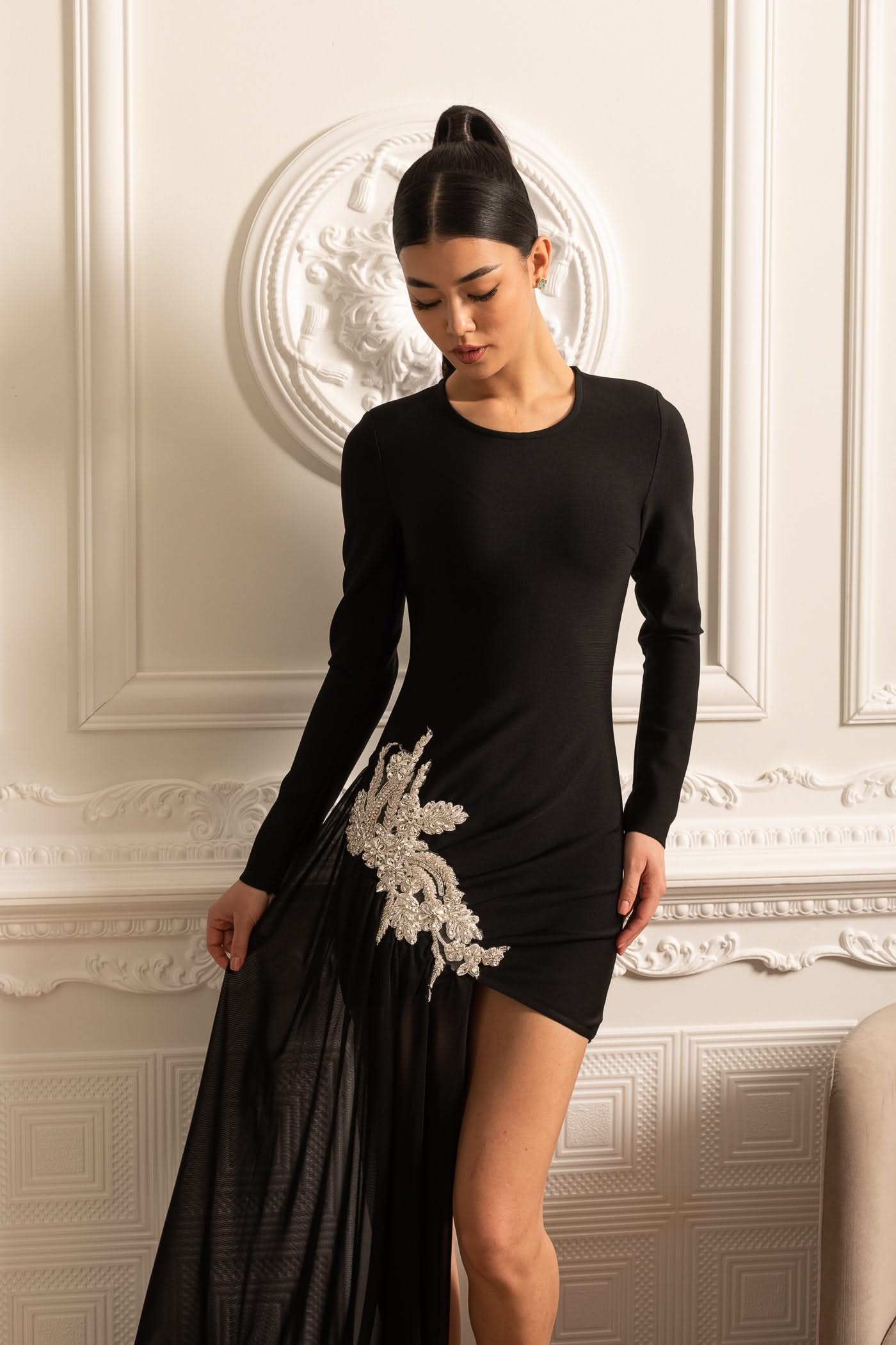 Asymmetrical Fitted Dress With White Hip Embellishments And Sheer Floor-Length Extension - Black