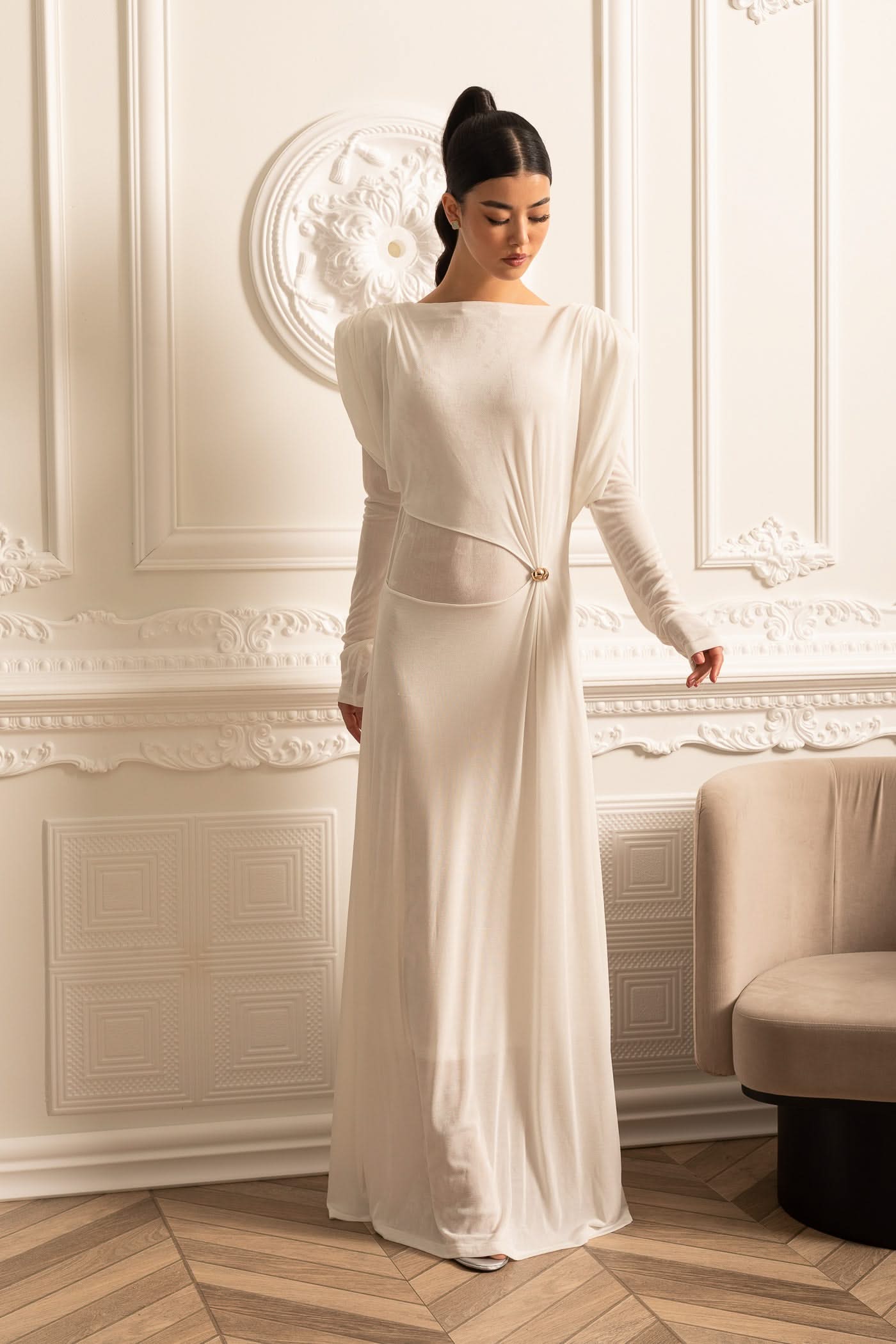 Elegant Long-Sleeved Layered Dress with Structured Shoulders - White