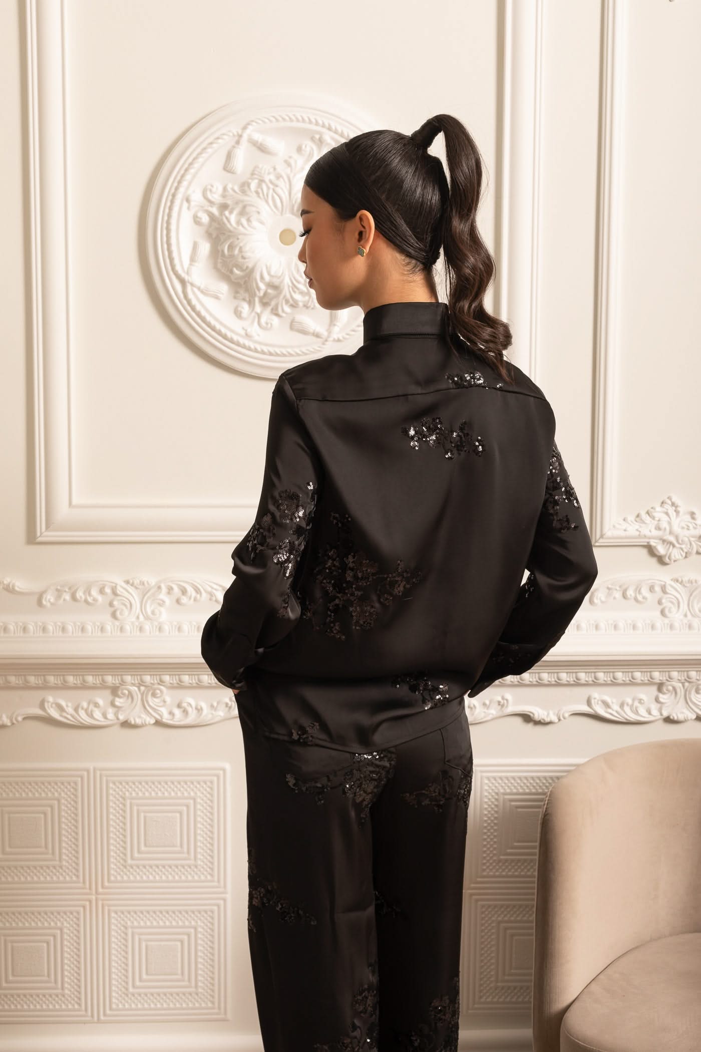 Sequin Embellished Satin Set With Long Sleeved Shirt And Coordinated Pants - Black