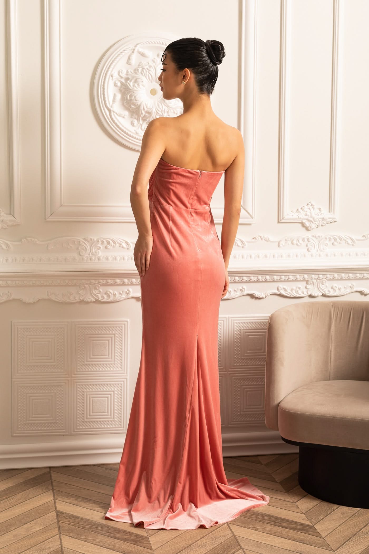 Elegant Gown With Deep Neckline And Decorative Brooch Accent - Peach