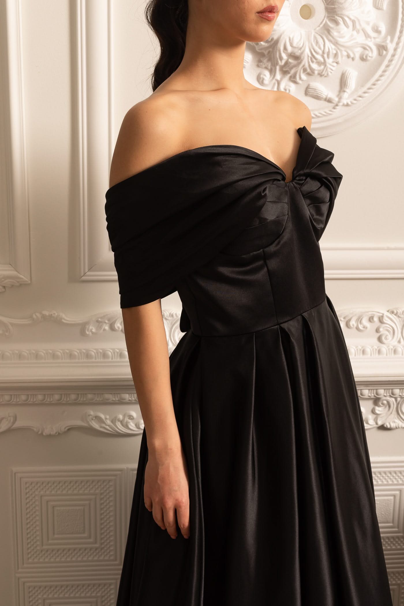 Off-Shoulder Satin Gown With Draping Skirt And Back Laces Closure - Black