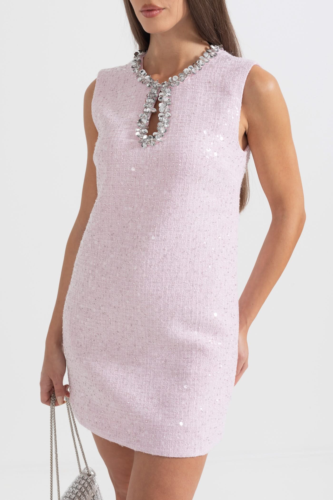Textured Sleeveless Mini Dress With Sparkling Collar Details - Pink