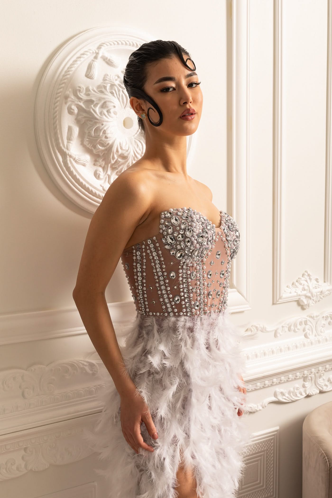 Sequined Strapless Dress With Luxurious Feather Adornments - Beige