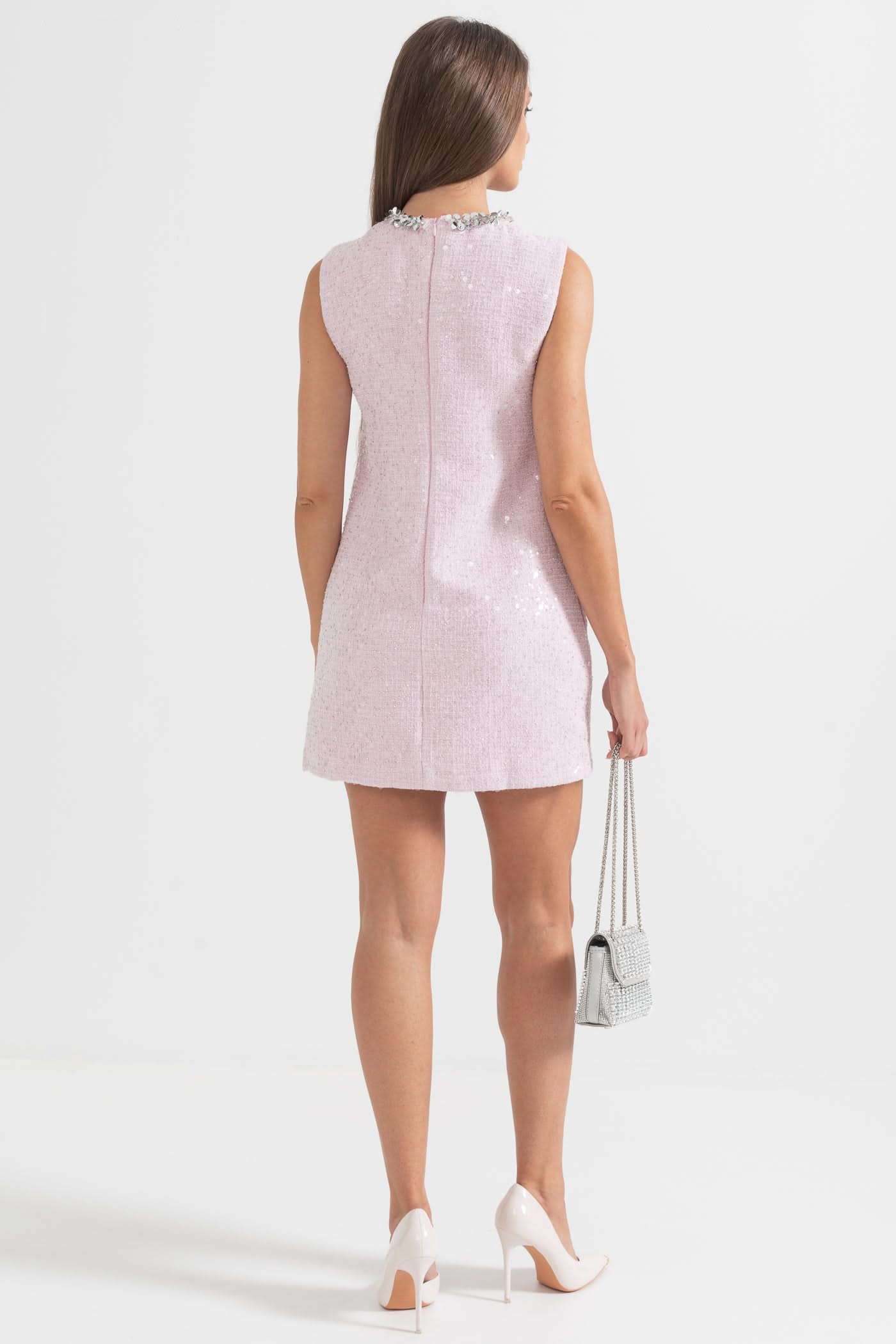 Textured Sleeveless Mini Dress With Sparkling Collar Details - Pink