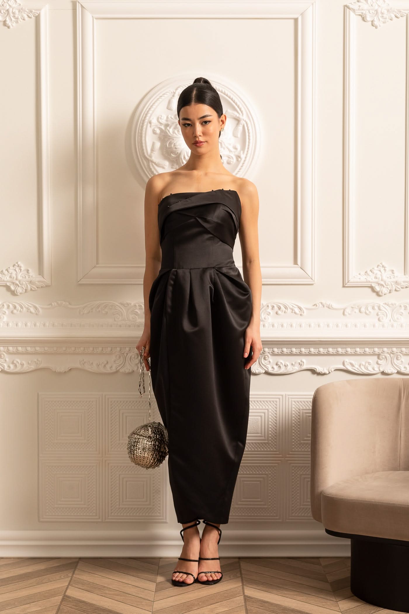 Strapless Midi Dress With Ruched Chest Detailing - Black