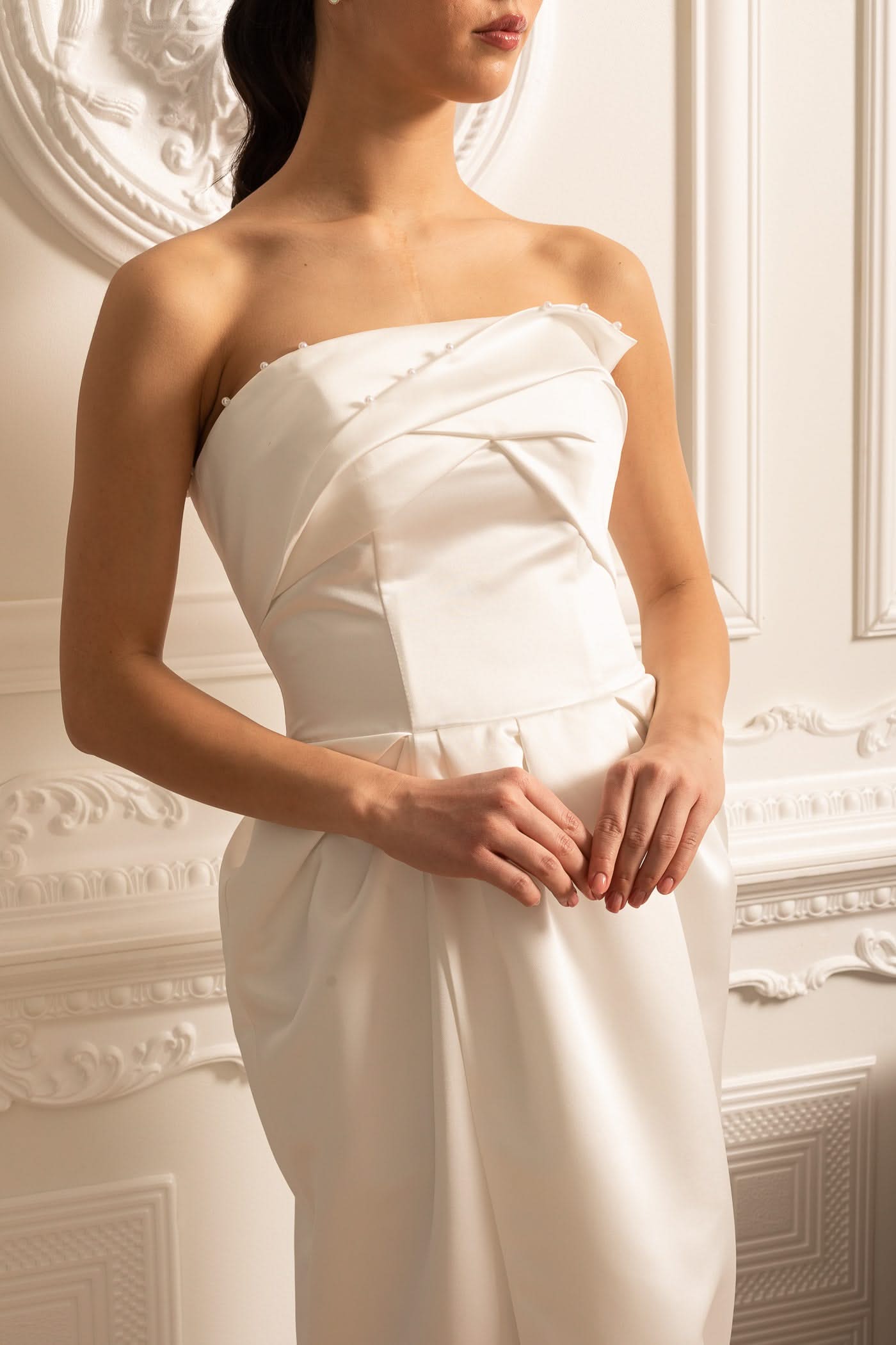 Strapless Midi Dress With Ruched Chest Detailing - White