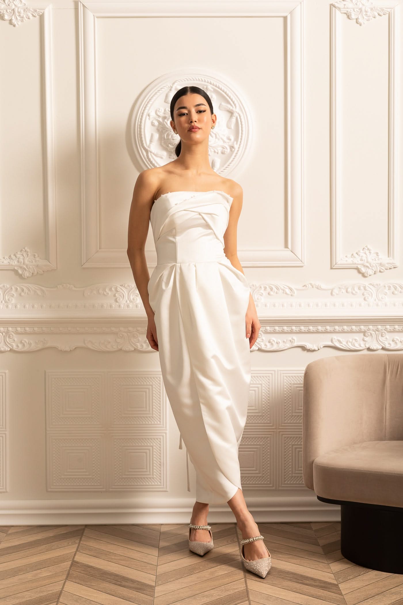 Strapless Midi Dress With Ruched Chest Detailing - White