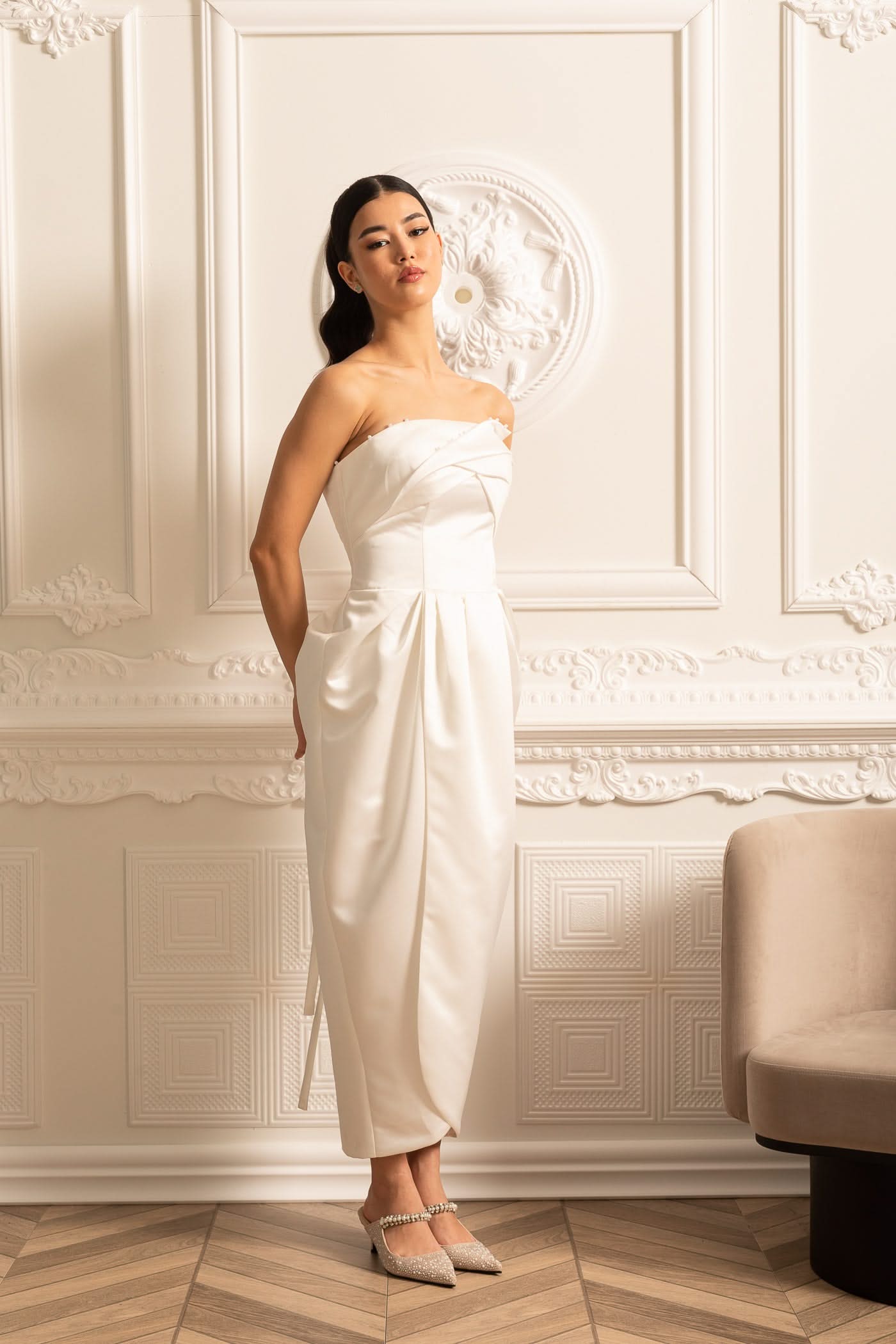 Strapless Midi Dress With Ruched Chest Detailing - White
