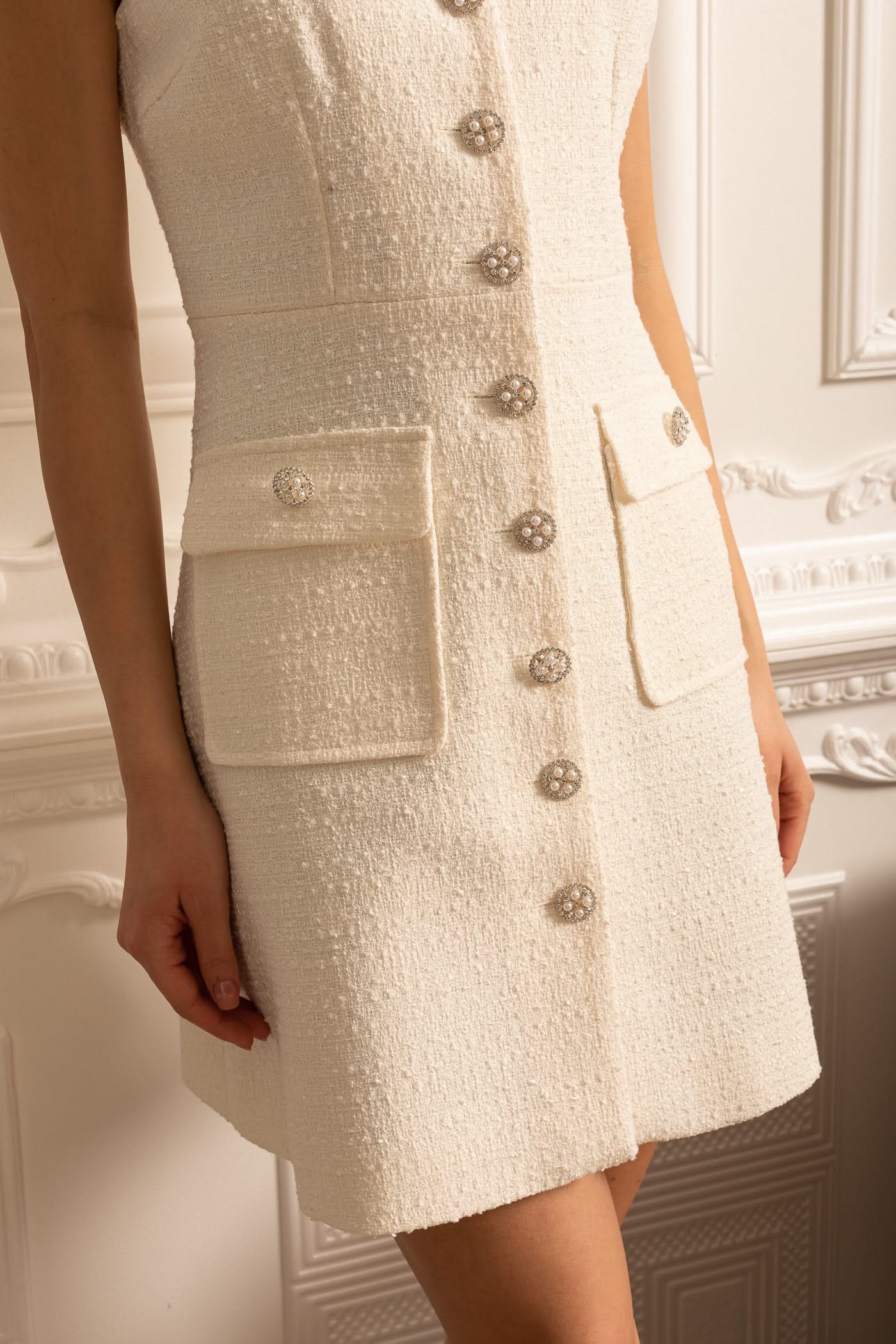Textured Sleeveless Dress With Pearl Button Accents - White