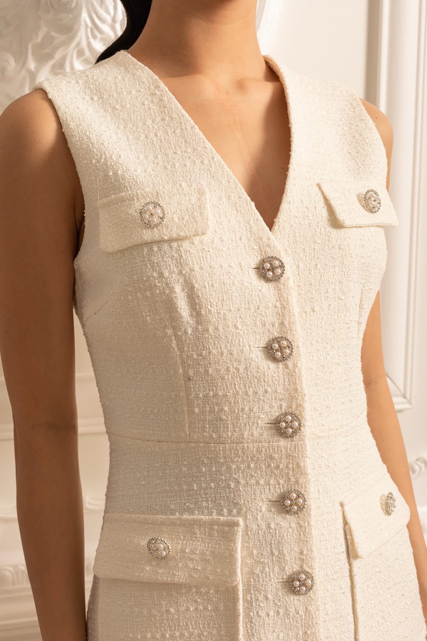 Textured Sleeveless Dress With Pearl Button Accents - White