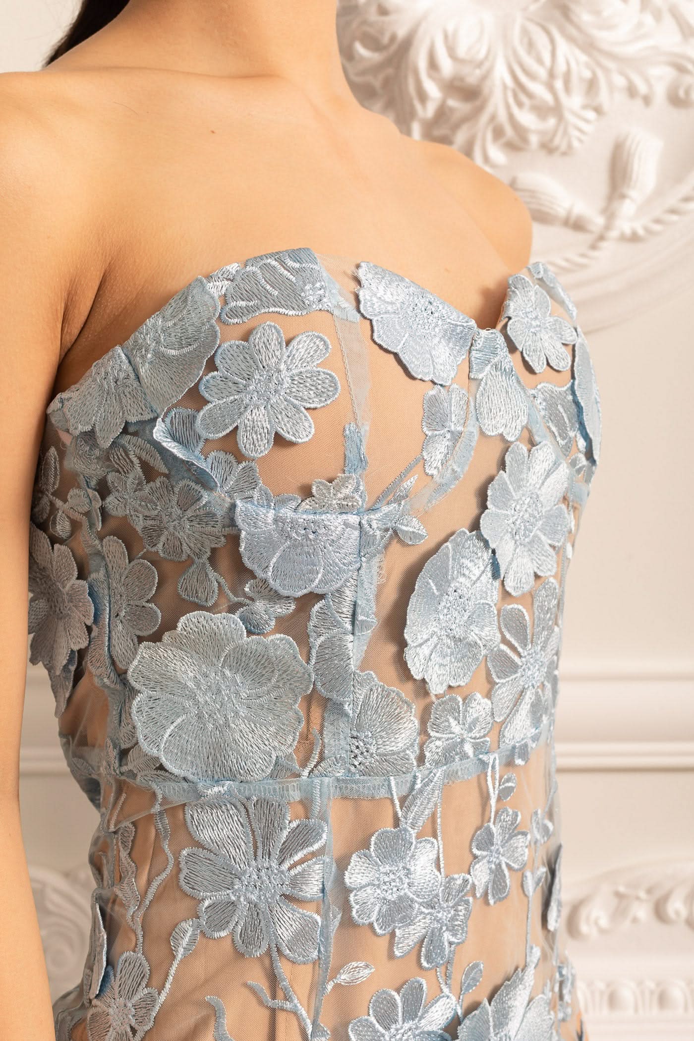 Sheer Embroidered Dress With Intricate Floral Pattern - Blue