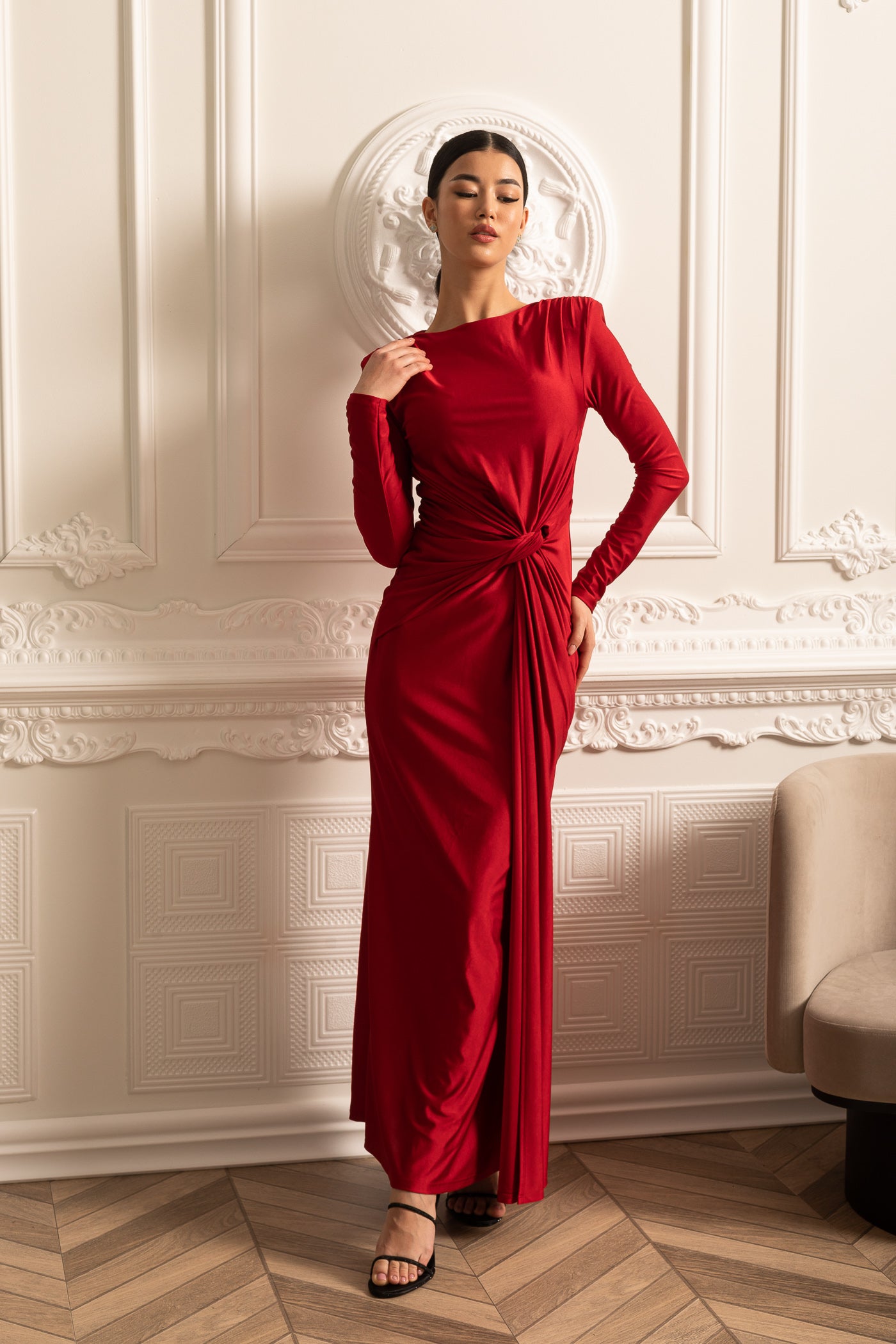 Satin Dress With Long Sleeves, Side Draping And Twisted Waist Detail - Red