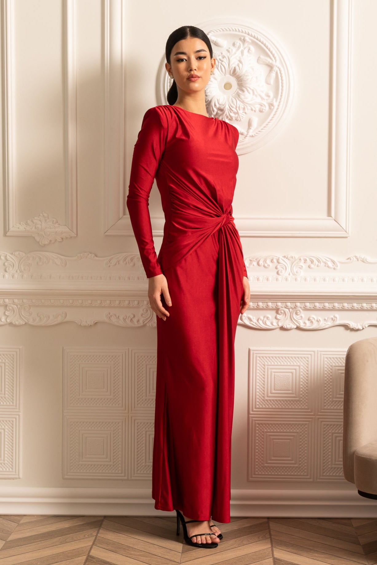 Satin Dress With Long Sleeves, Side Draping And Twisted Waist Detail - Red M