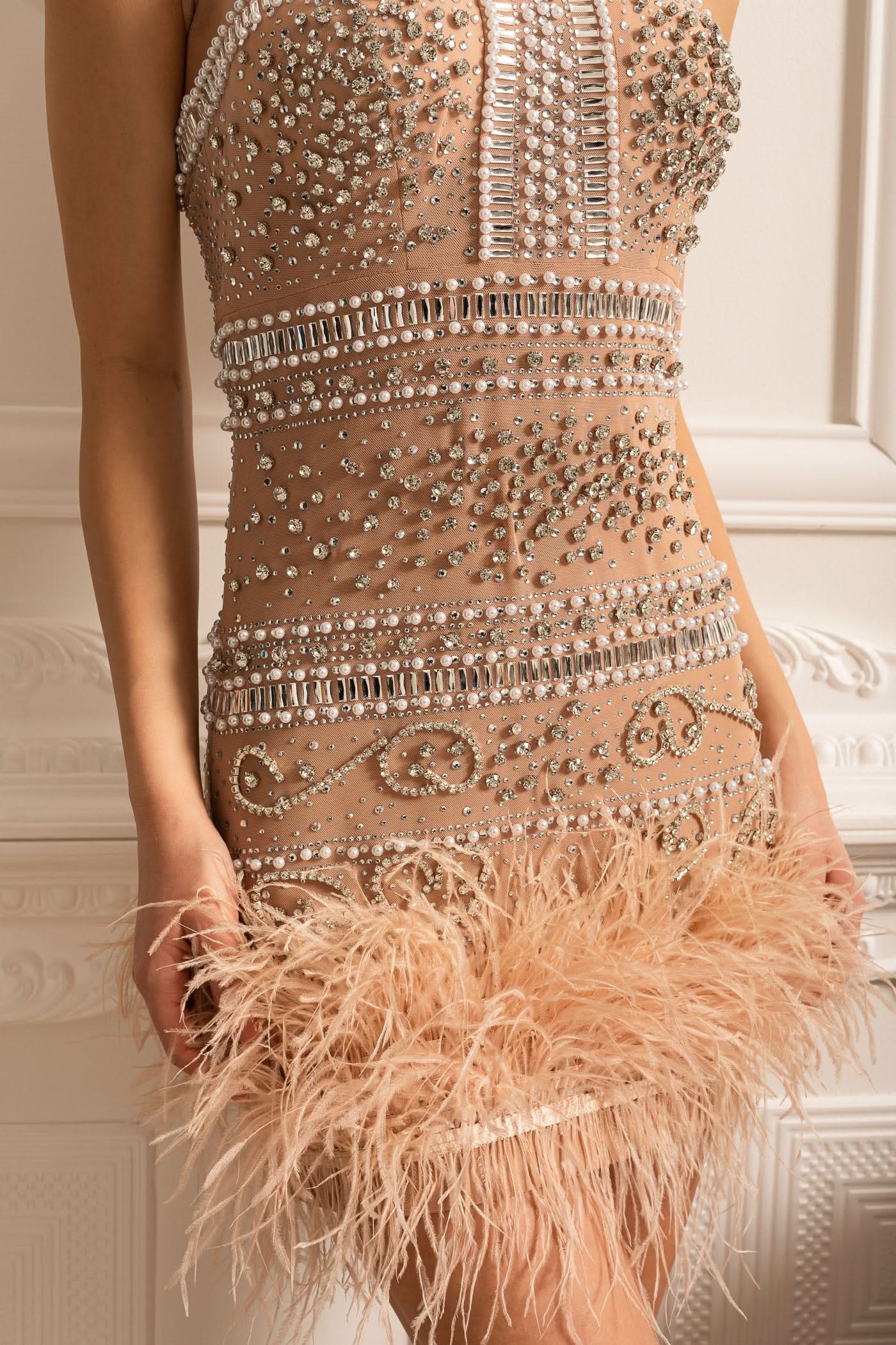 Elegant Halter Dress With Beads And Crystal Embellishments - Beige