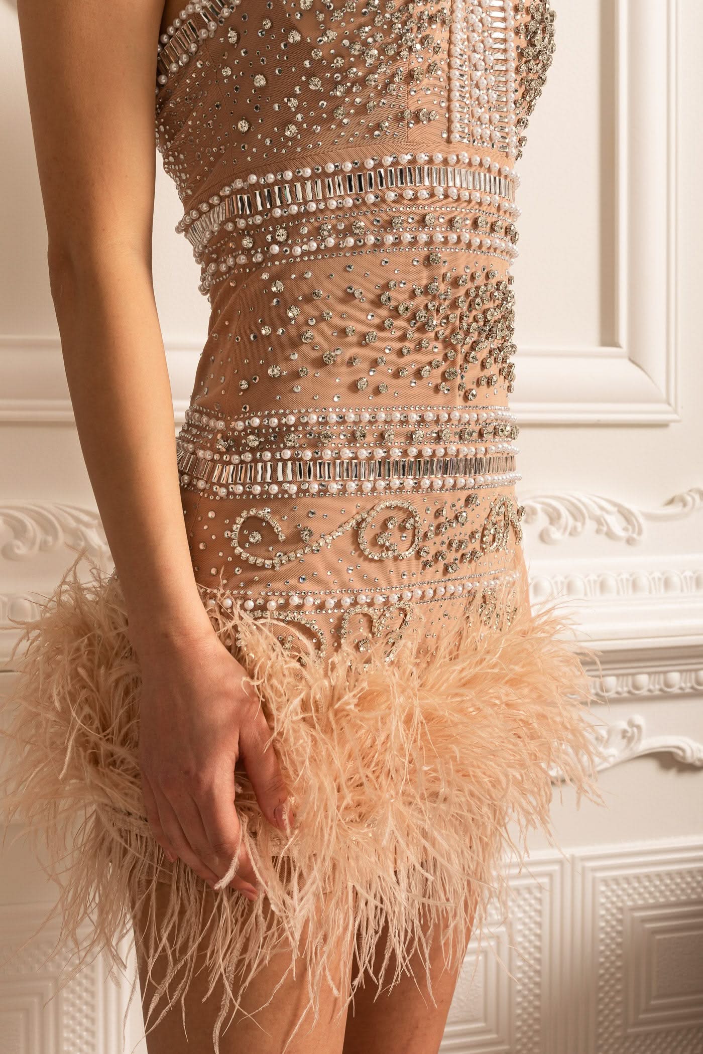 Elegant Halter Dress With Beads And Crystal Embellishments - Beige