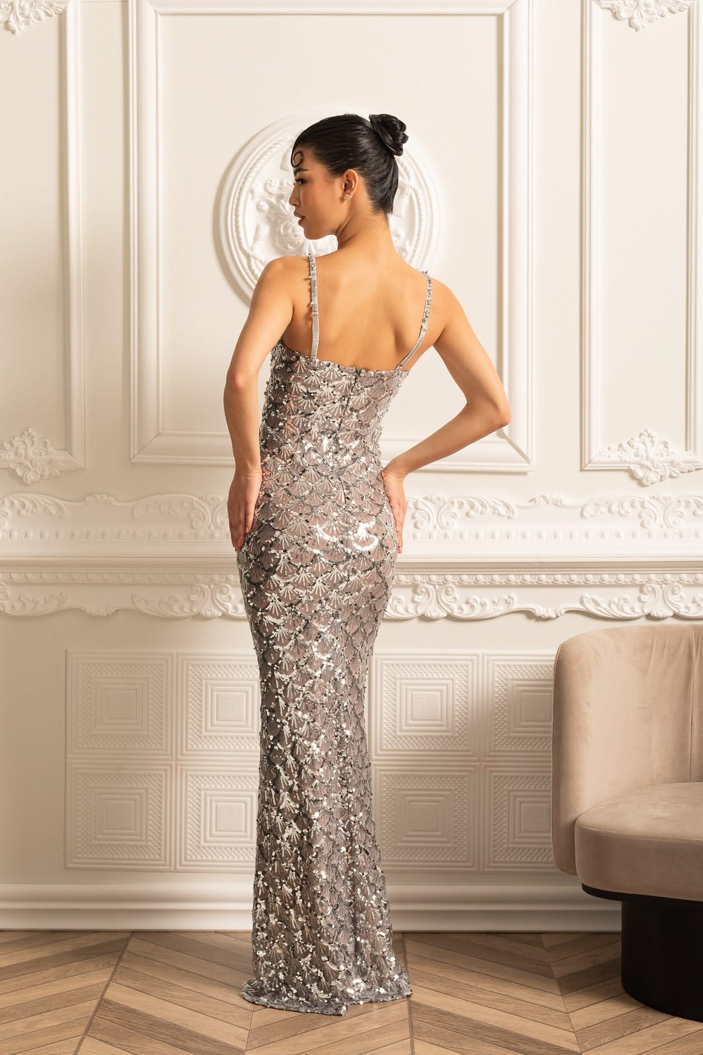 Sequin Gown With Scaley Pattern And Front Cutout - Silver