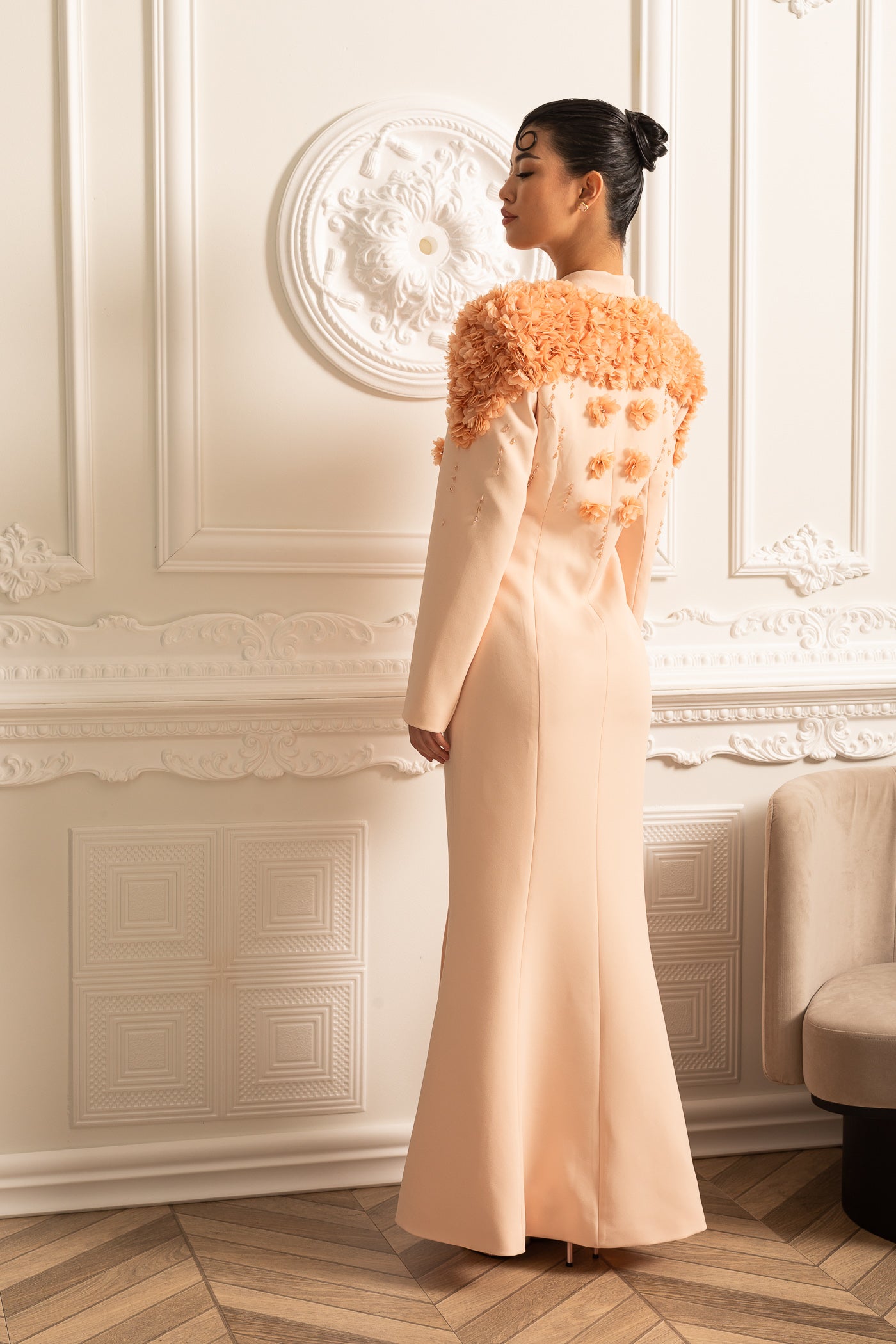 Long Overcoat With 3D Contrasting Floral Shoulder And Back Accents - Peach