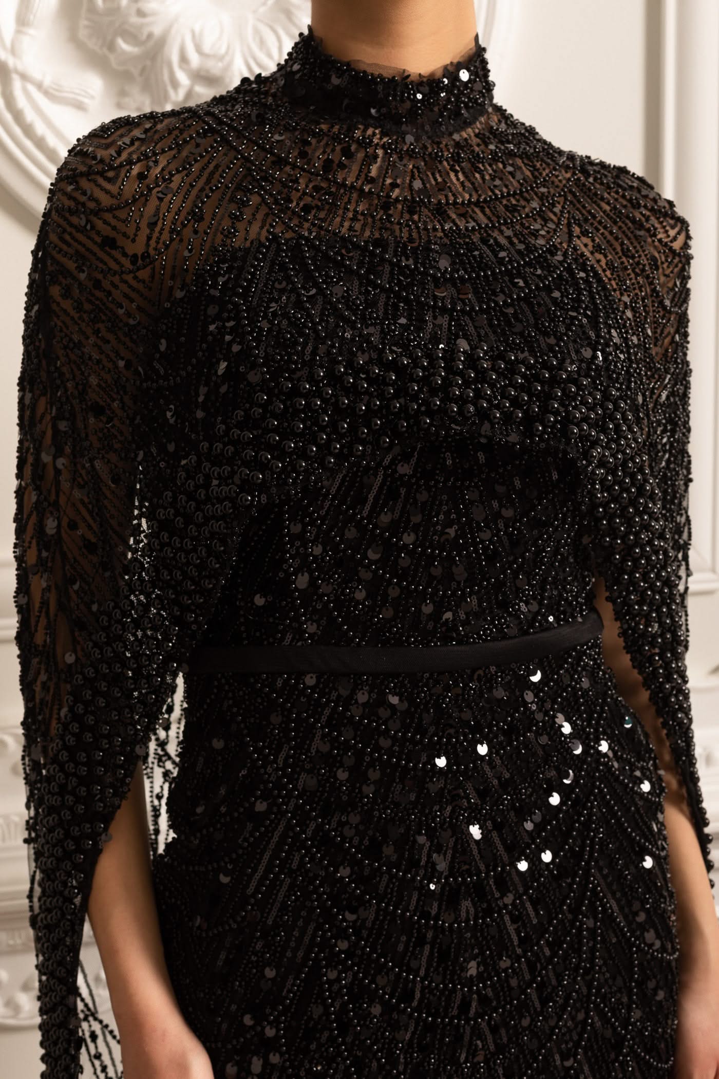 Glamourous Beaded Gown With Detachable Veil - Black