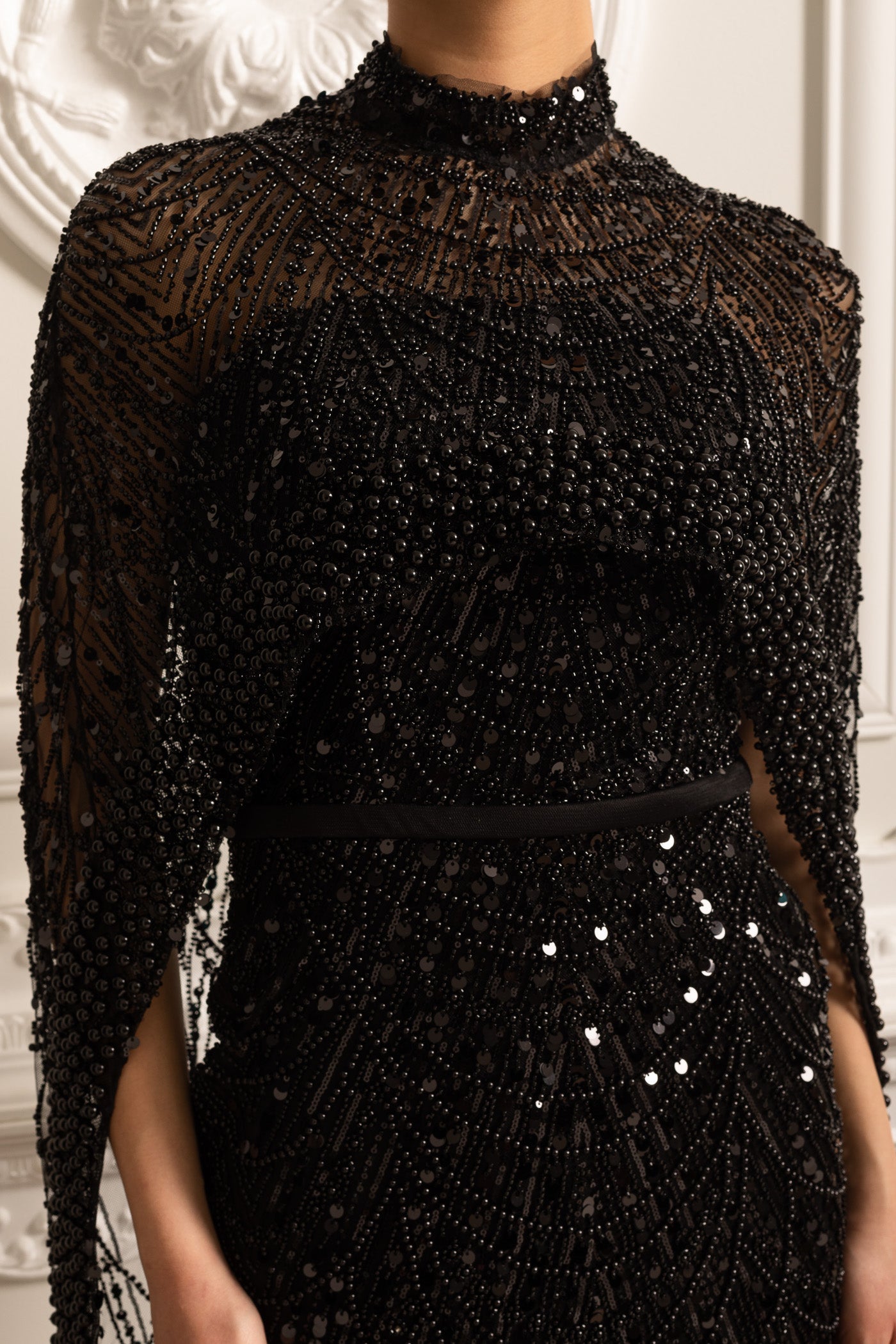 Glamourous Beaded Gown With Detachable Veil - Black