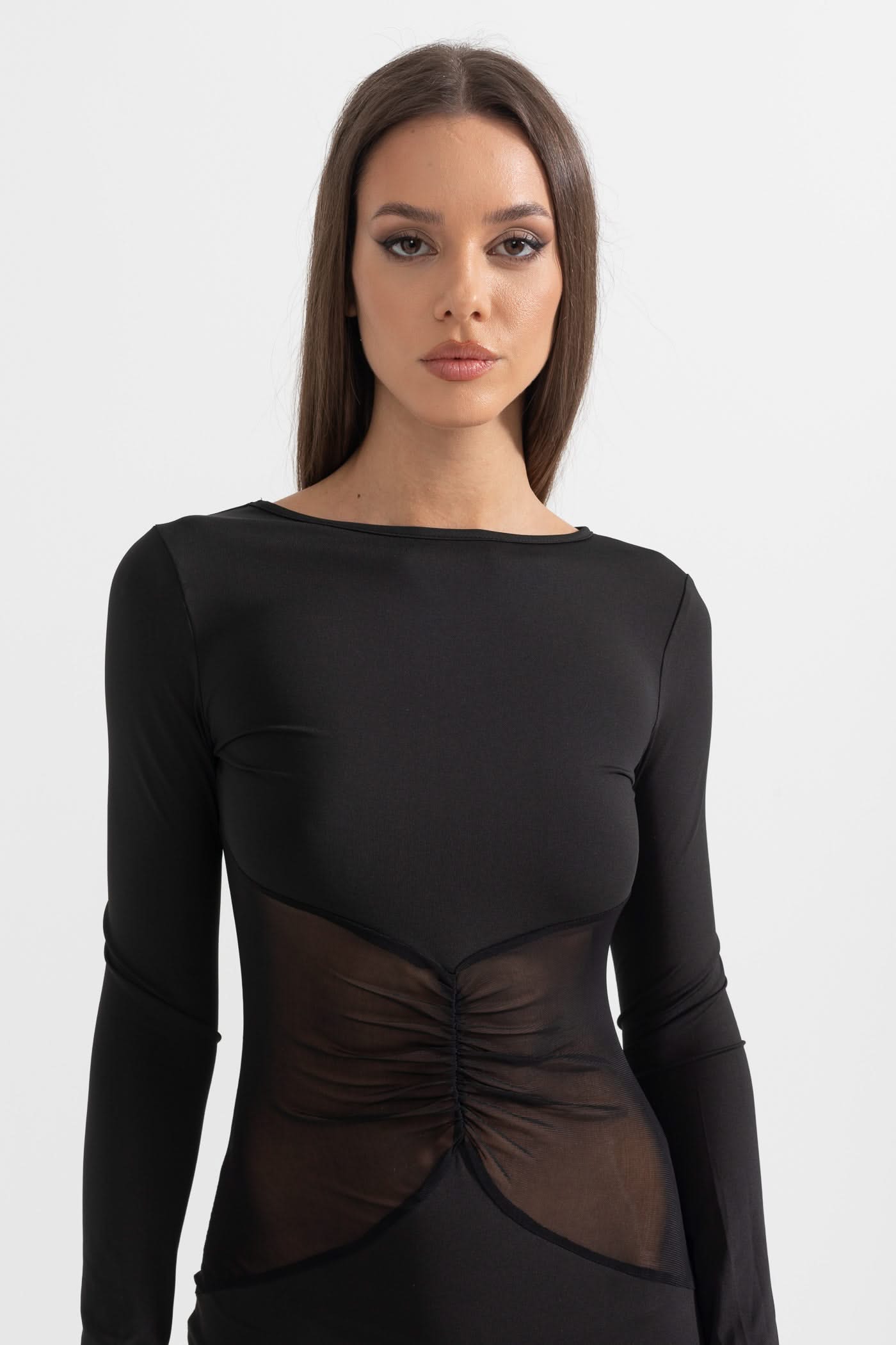 Elegant Long Dress With See-Through Waist - Black