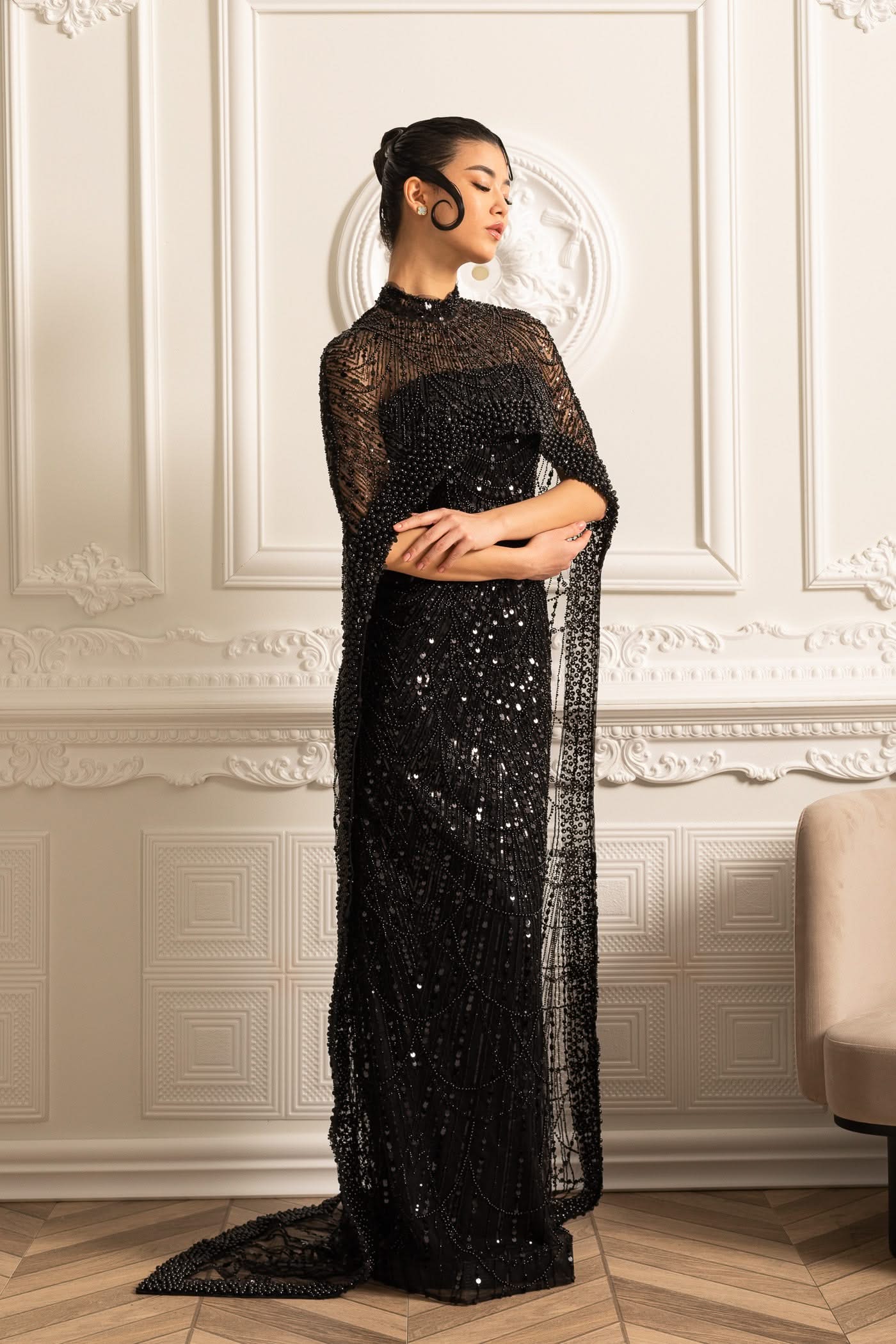 Glamourous Beaded Gown With Detachable Veil - Black