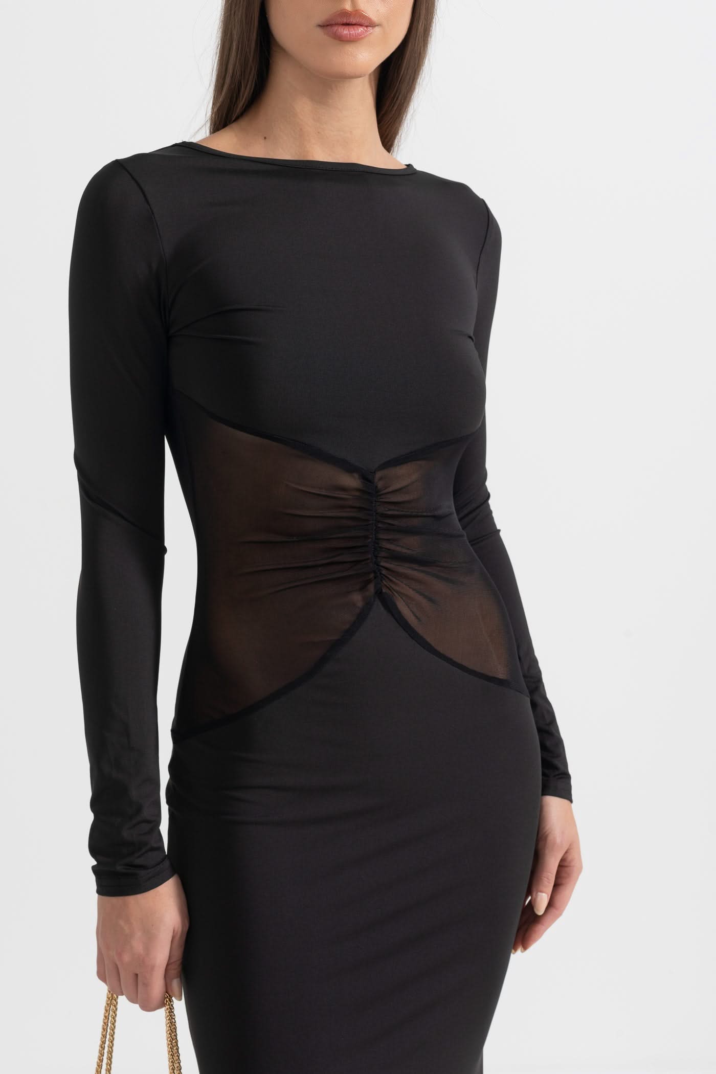 Elegant Long Dress With See-Through Waist - Black