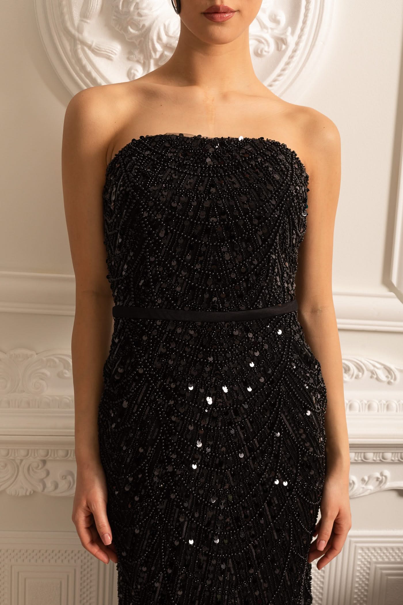 Glamourous Beaded Gown With Detachable Veil - Black