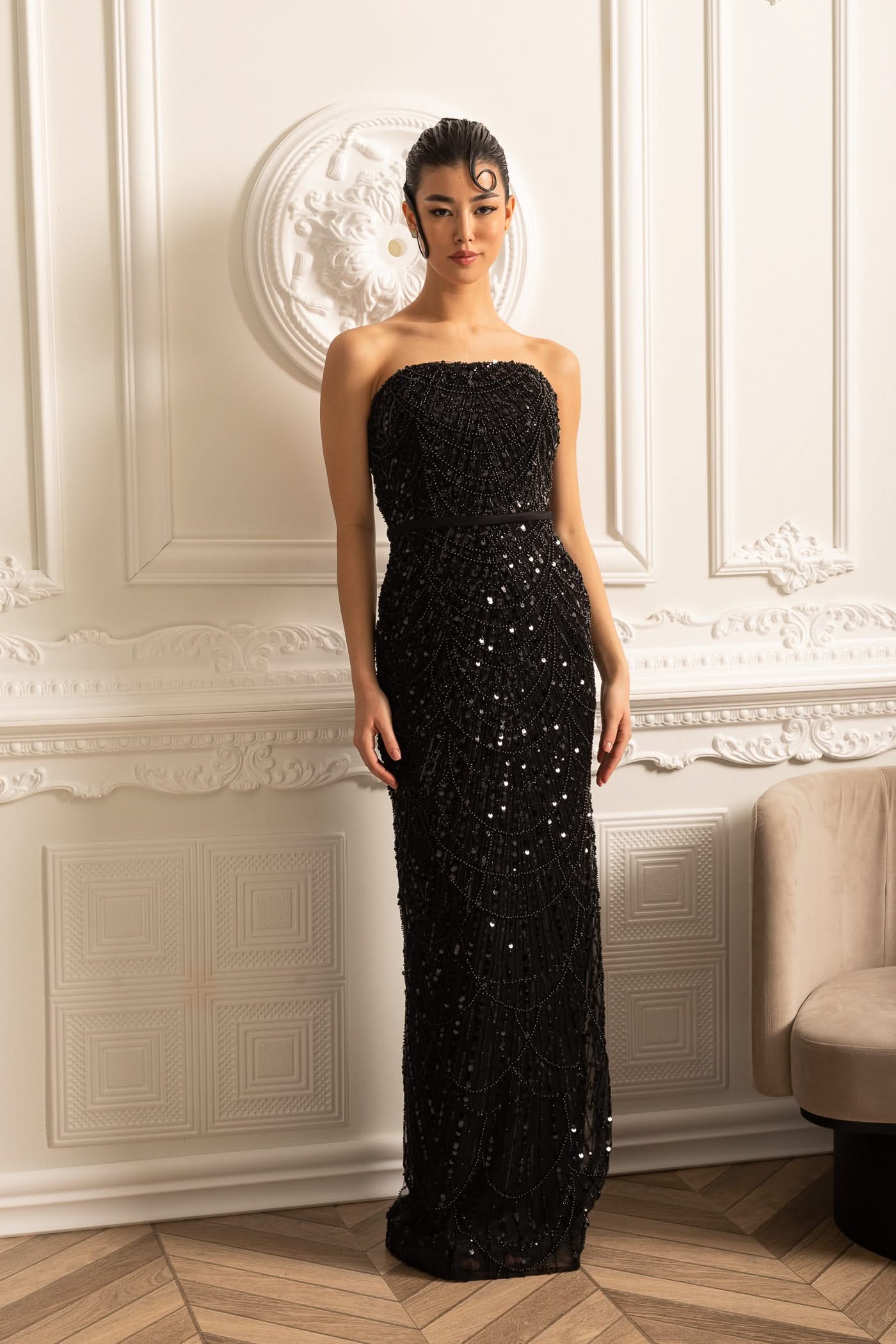 Glamourous Beaded Gown With Detachable Veil - Black