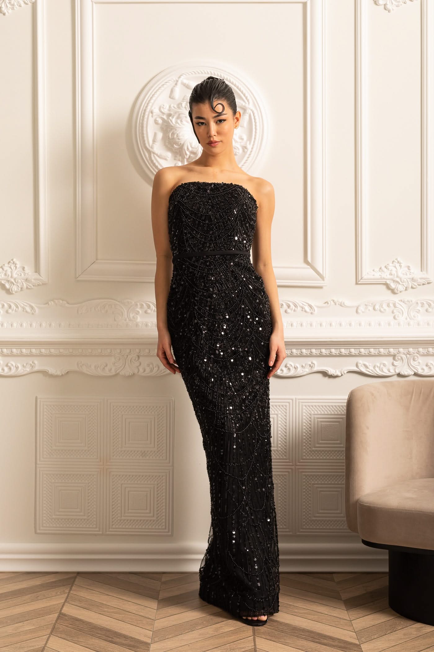 Glamourous Beaded Gown With Detachable Veil - Black